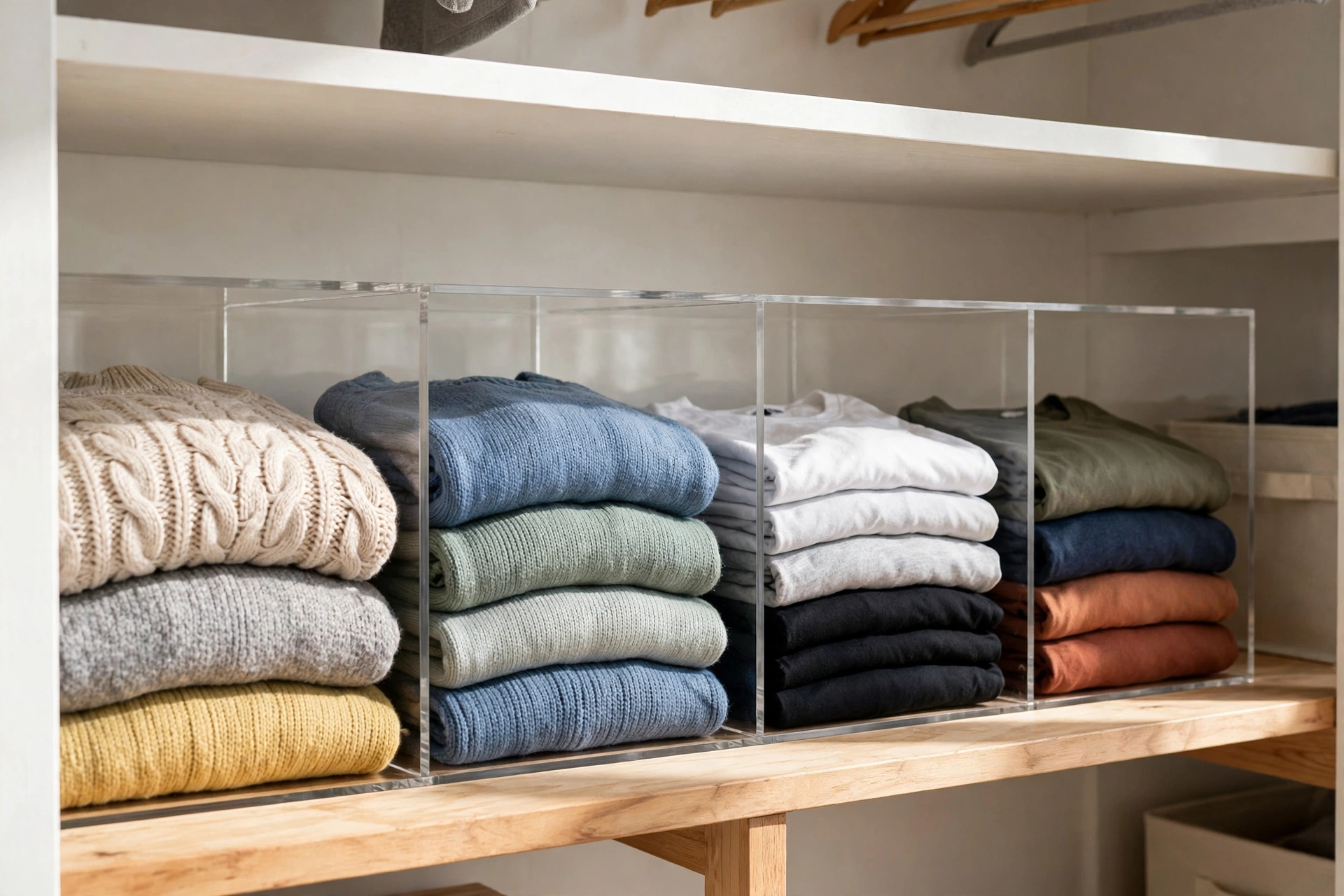 Shelf dividers keeping folded sweater stacks neat on a closet shelf