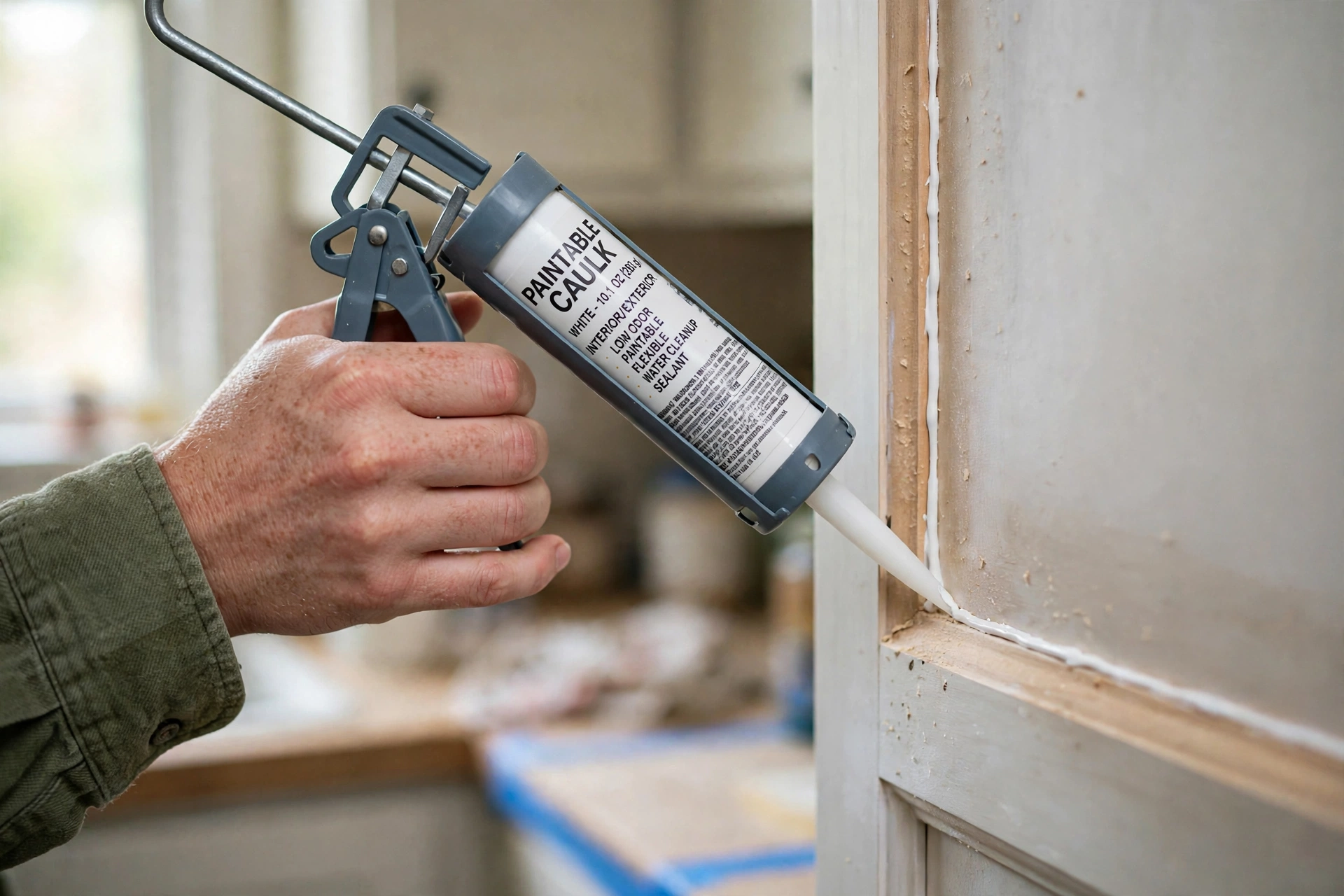 Thin bead of paintable caulk applied along the inner panel edge of a cabinet door