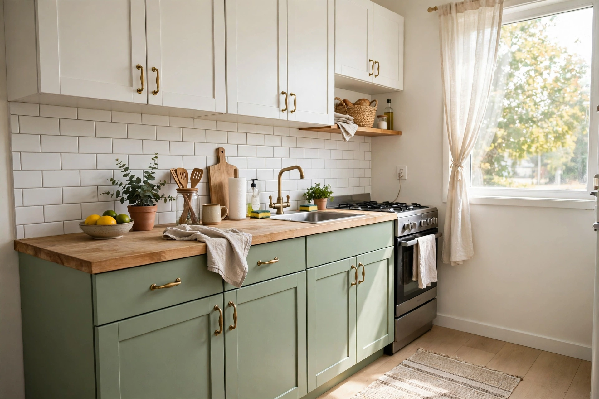 Small kitchen with freshly painted sage green cabinets and brass handles after a budget makeover