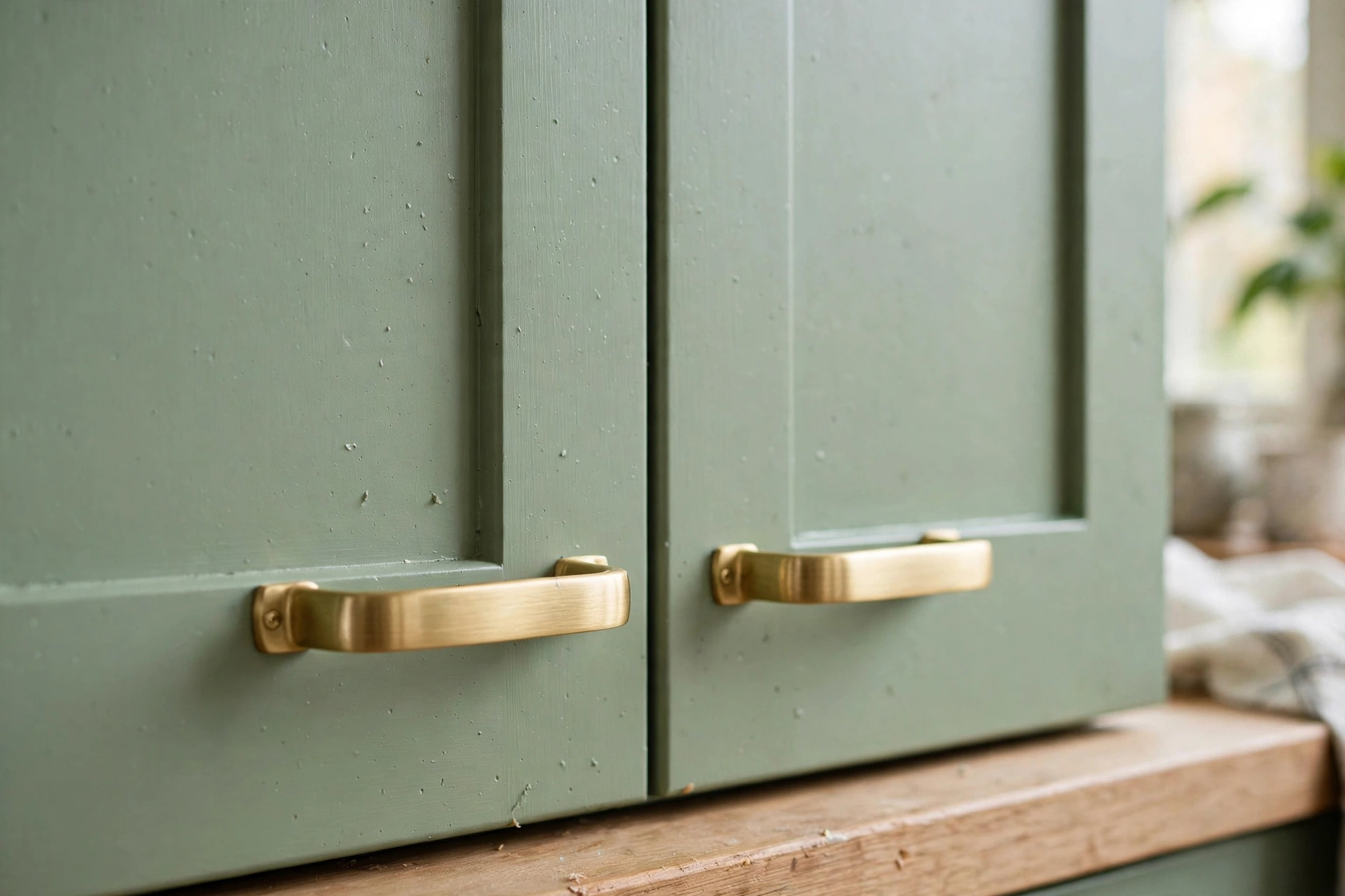 New brushed brass handles installed on freshly painted sage green cabinet doors
