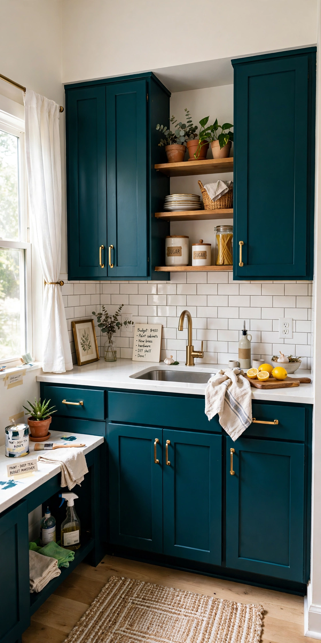 Bold deep teal painted kitchen cabinets with brass handles, budget makeover