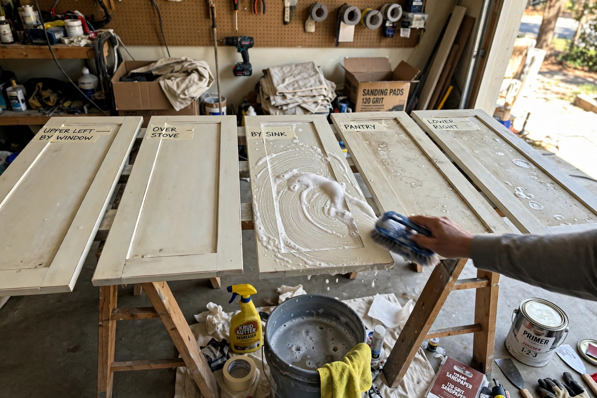 Cabinet doors removed and laid on sawhorses being cleaned and prepped for painting