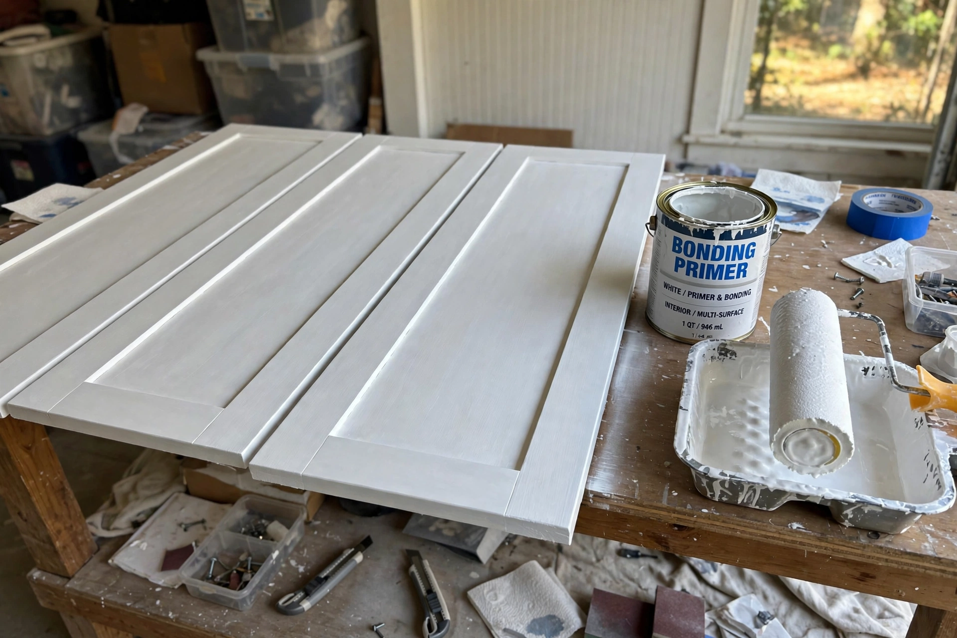 Cabinet doors coated in white bonding primer drying on a workbench