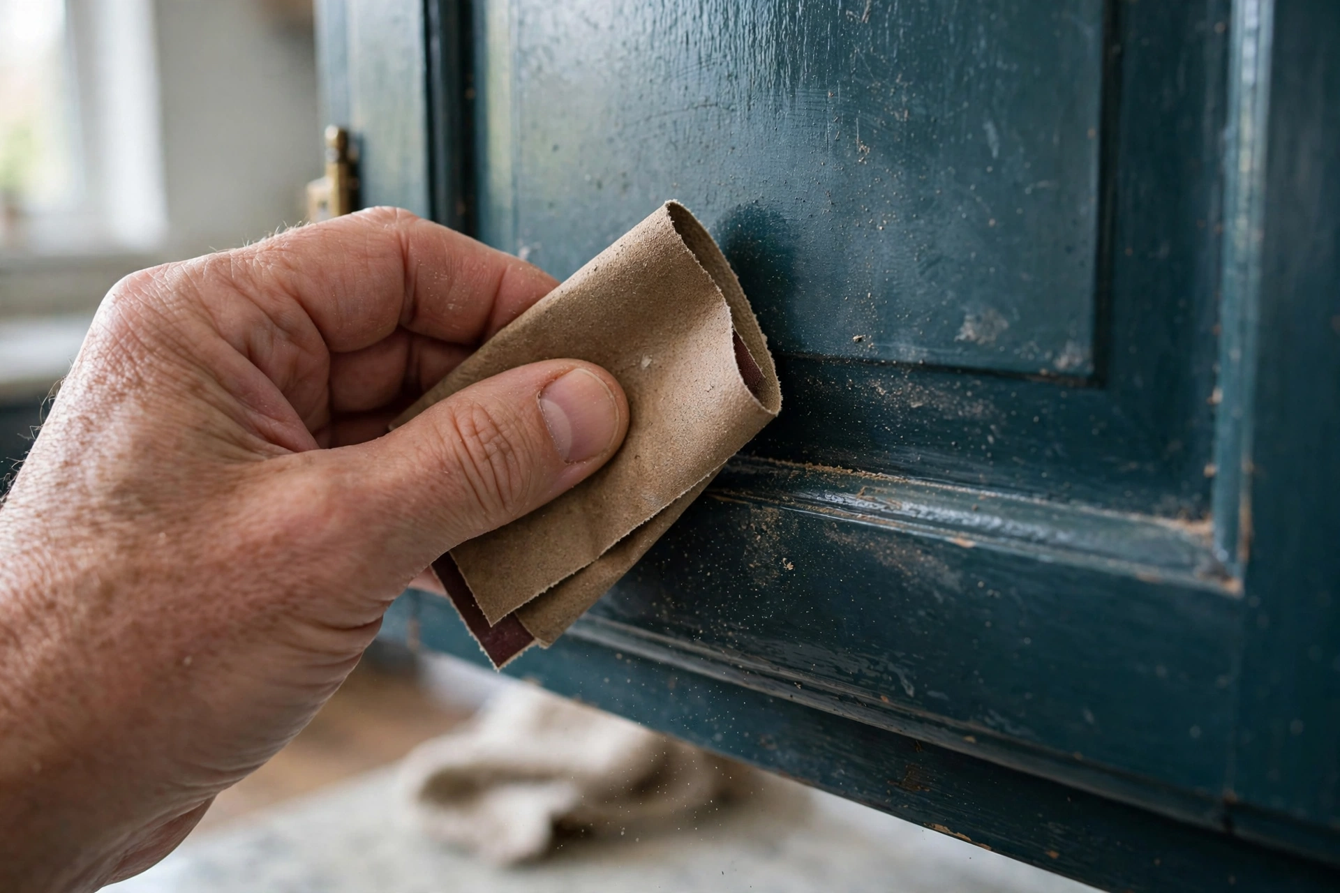 Hand sanding a cabinet door to scuff the old glossy finish before priming