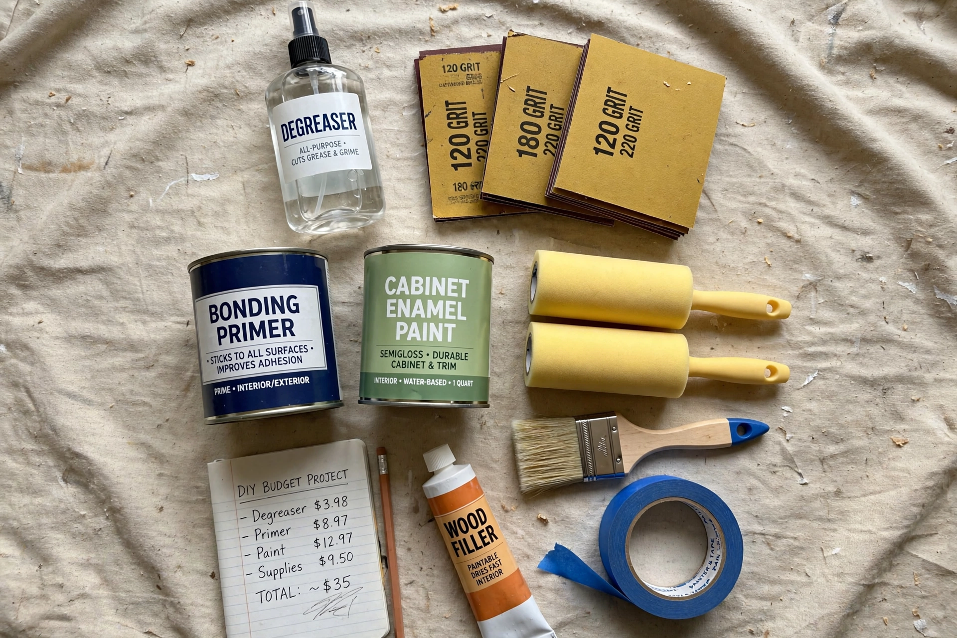 Cabinet painting supplies: degreaser, sandpaper, bonding primer, enamel paint, rollers and brushes