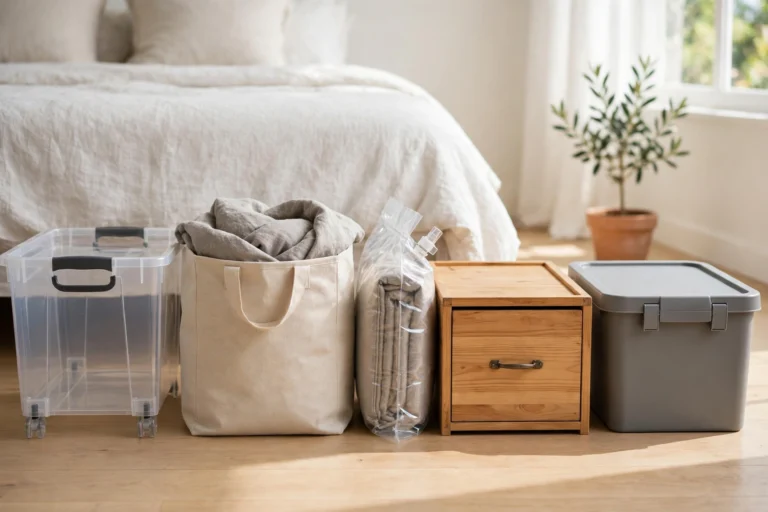 Five types of under-bed storage compared: rolling bin, fabric bag, vacuum bag, wooden drawer and lidded box