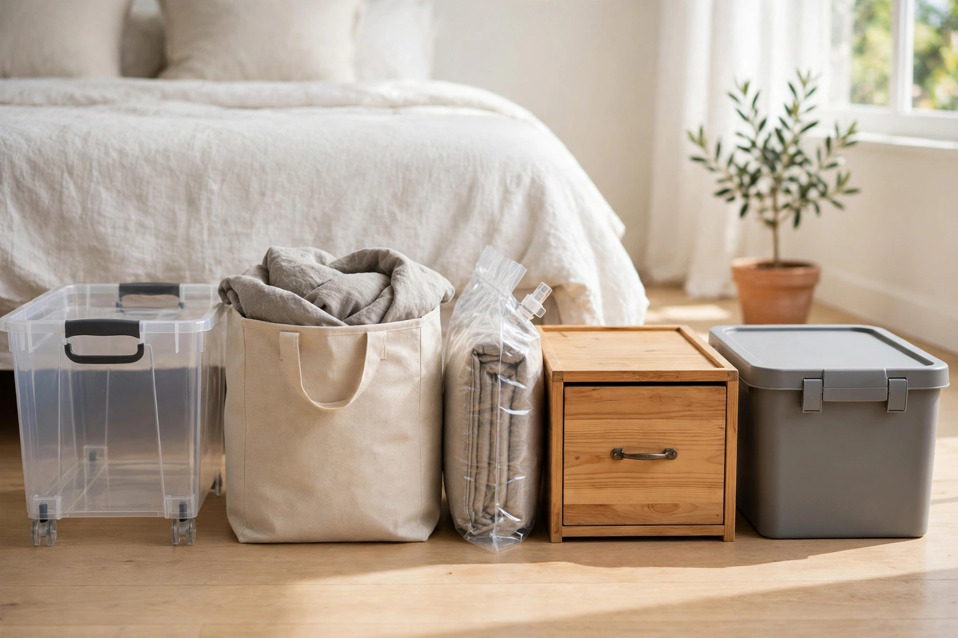 Five types of under-bed storage compared: rolling bin, fabric bag, vacuum bag, wooden drawer and lidded box
