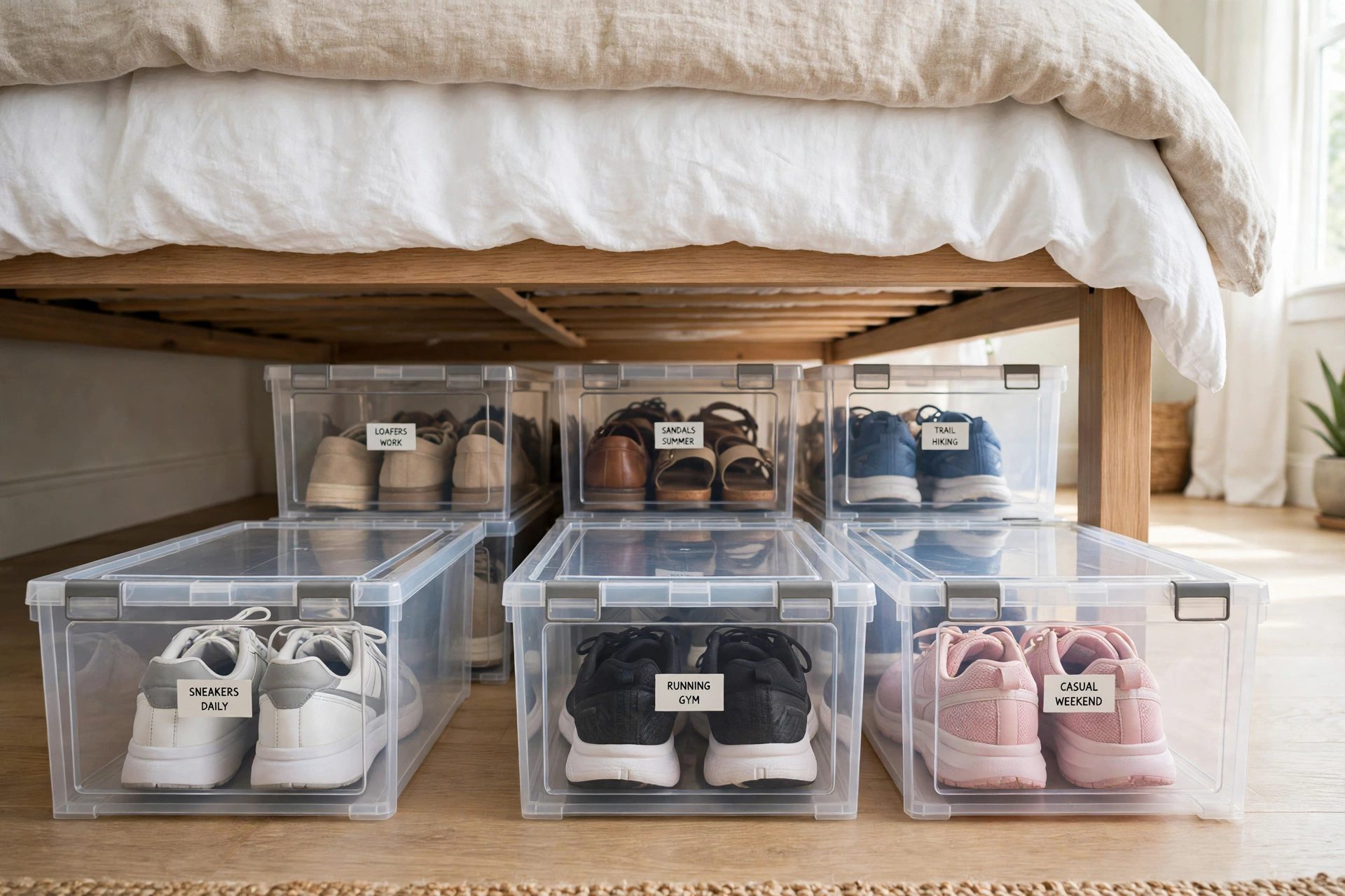 Clear plastic lidded boxes filled with shoes stored in two rows under a bed