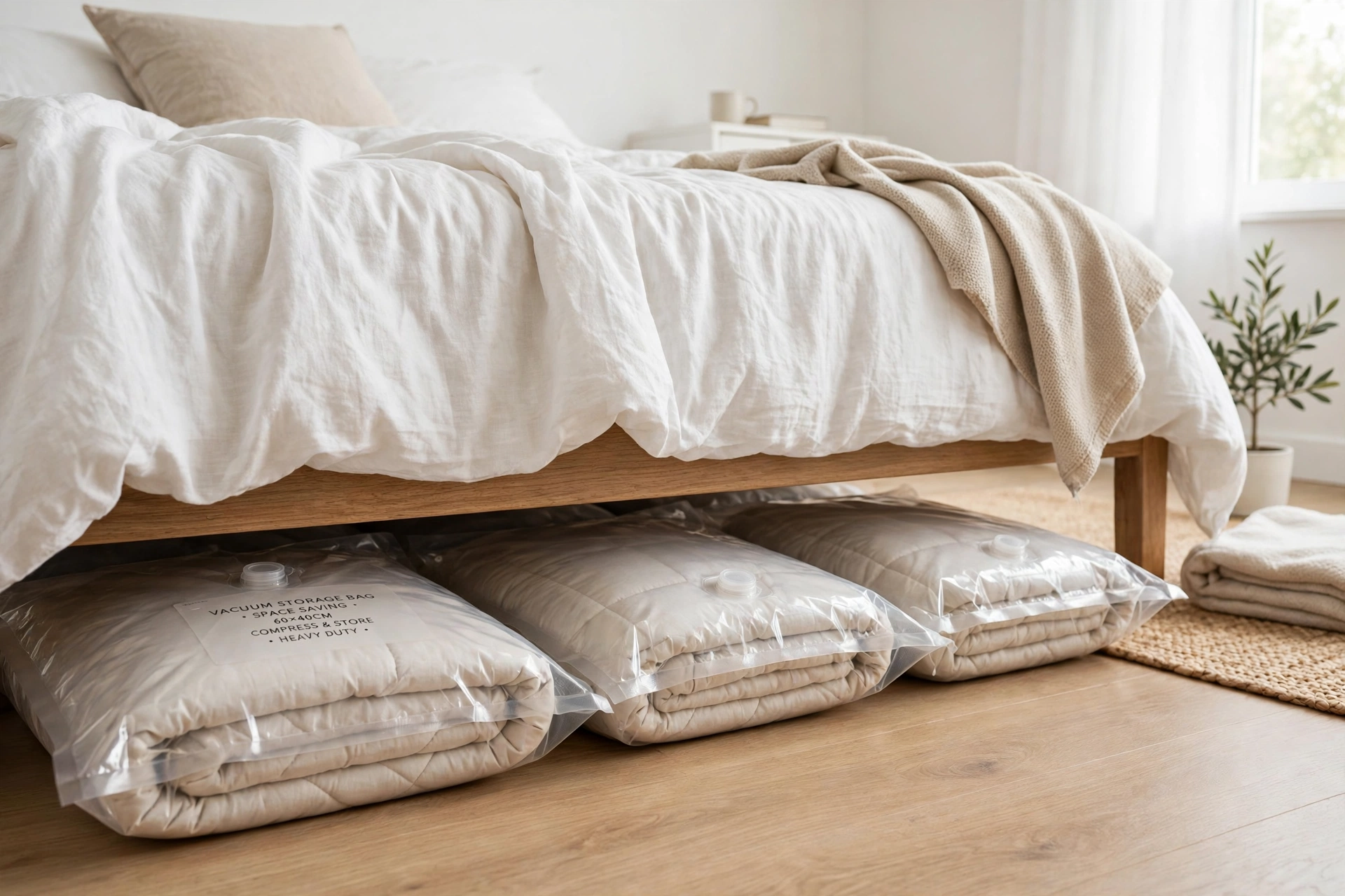 Flat vacuum-sealed storage bags with a compressed duvet slid under a low bed