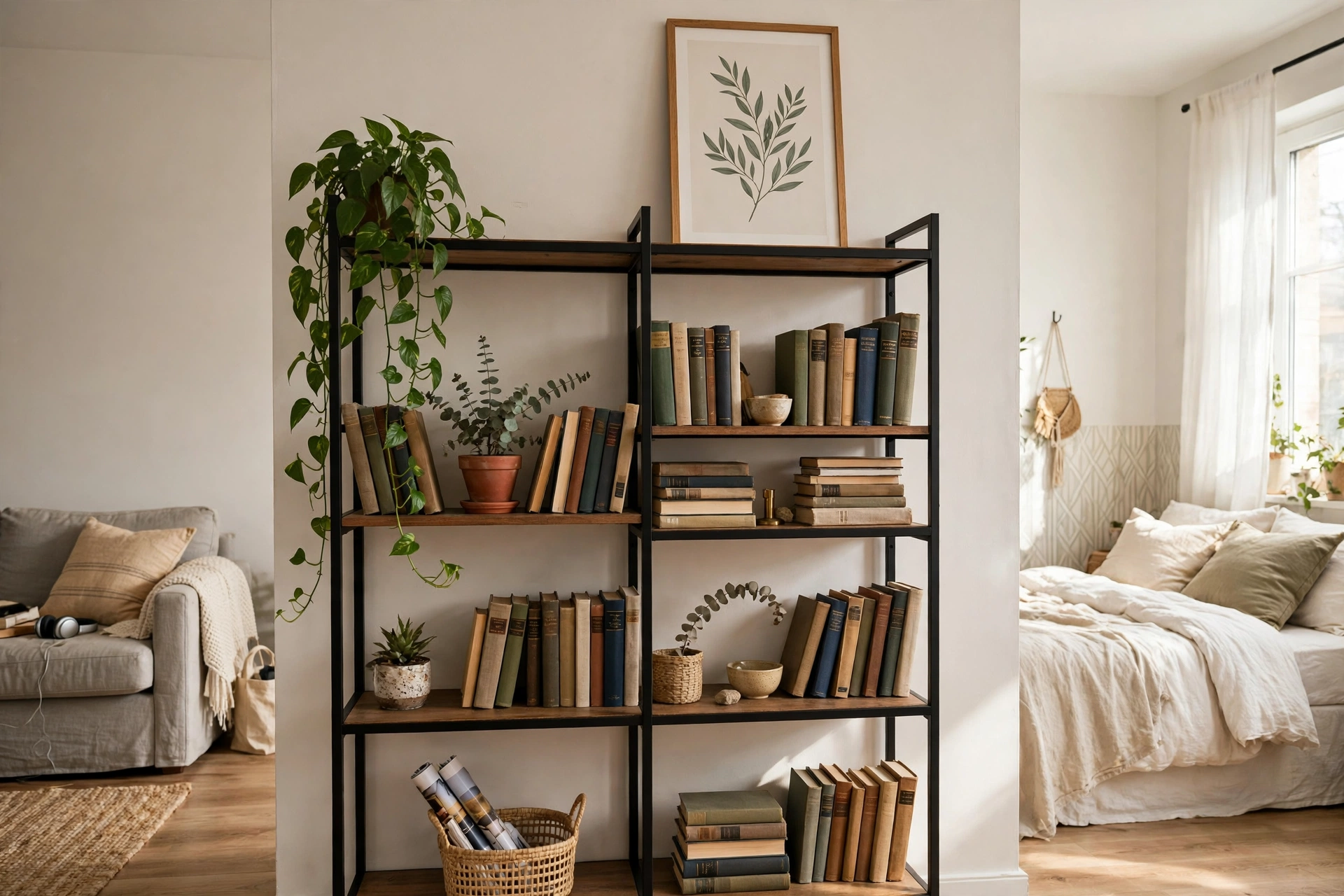 Tall open bookshelf used as a room divider and wall backdrop in a studio apartment