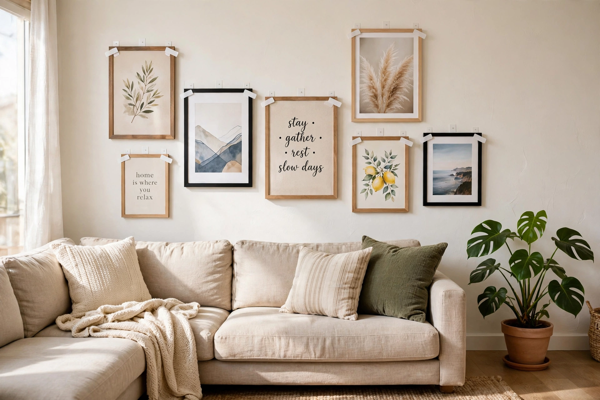 Gallery wall of framed prints hung with removable strips in a rental living room, no nails