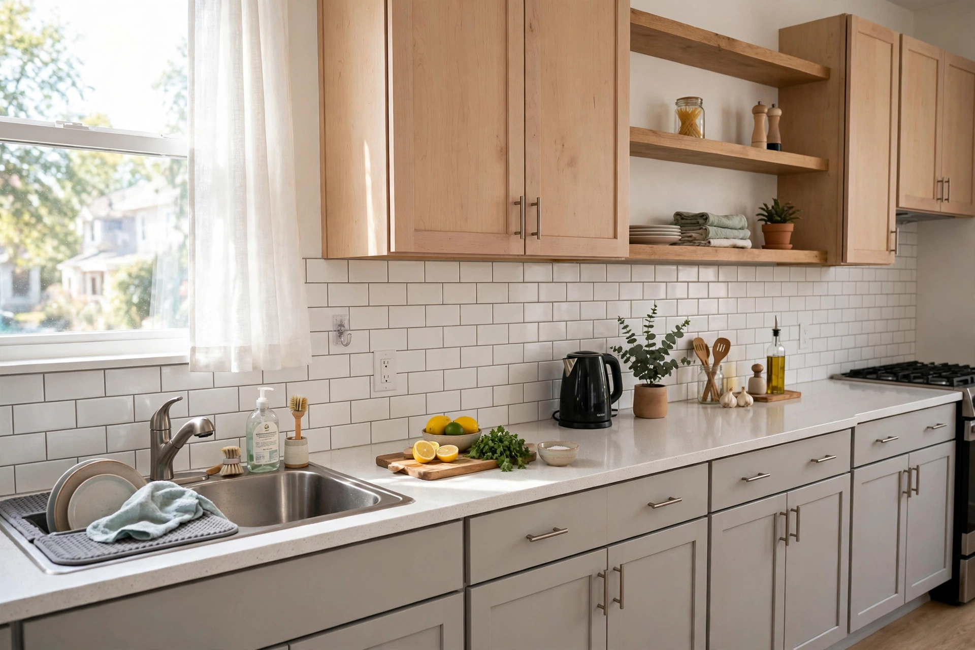 Peel-and-stick subway tile backsplash in a rental kitchen, damage-free upgrade