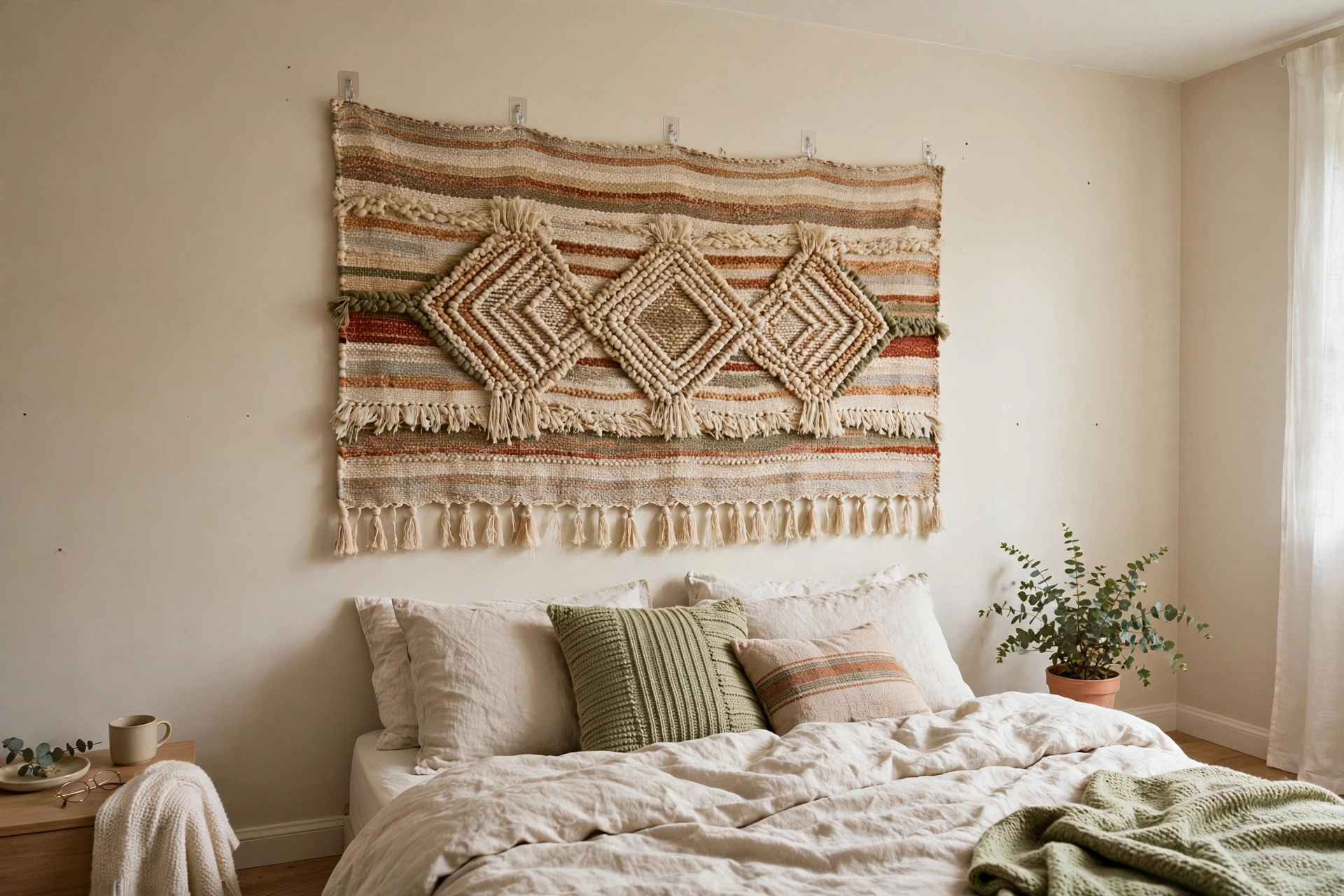 Woven tapestry hanging on removable hooks above a bed in a rental bedroom