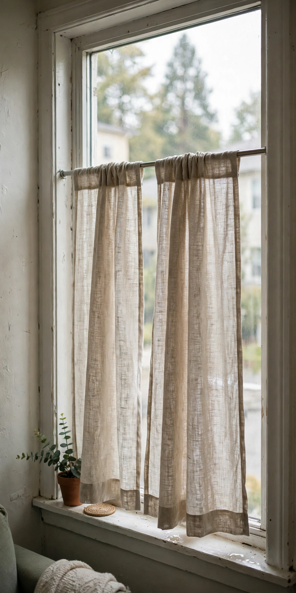 Curtains hanging from a tension rod inside a rental window frame, no drill brackets