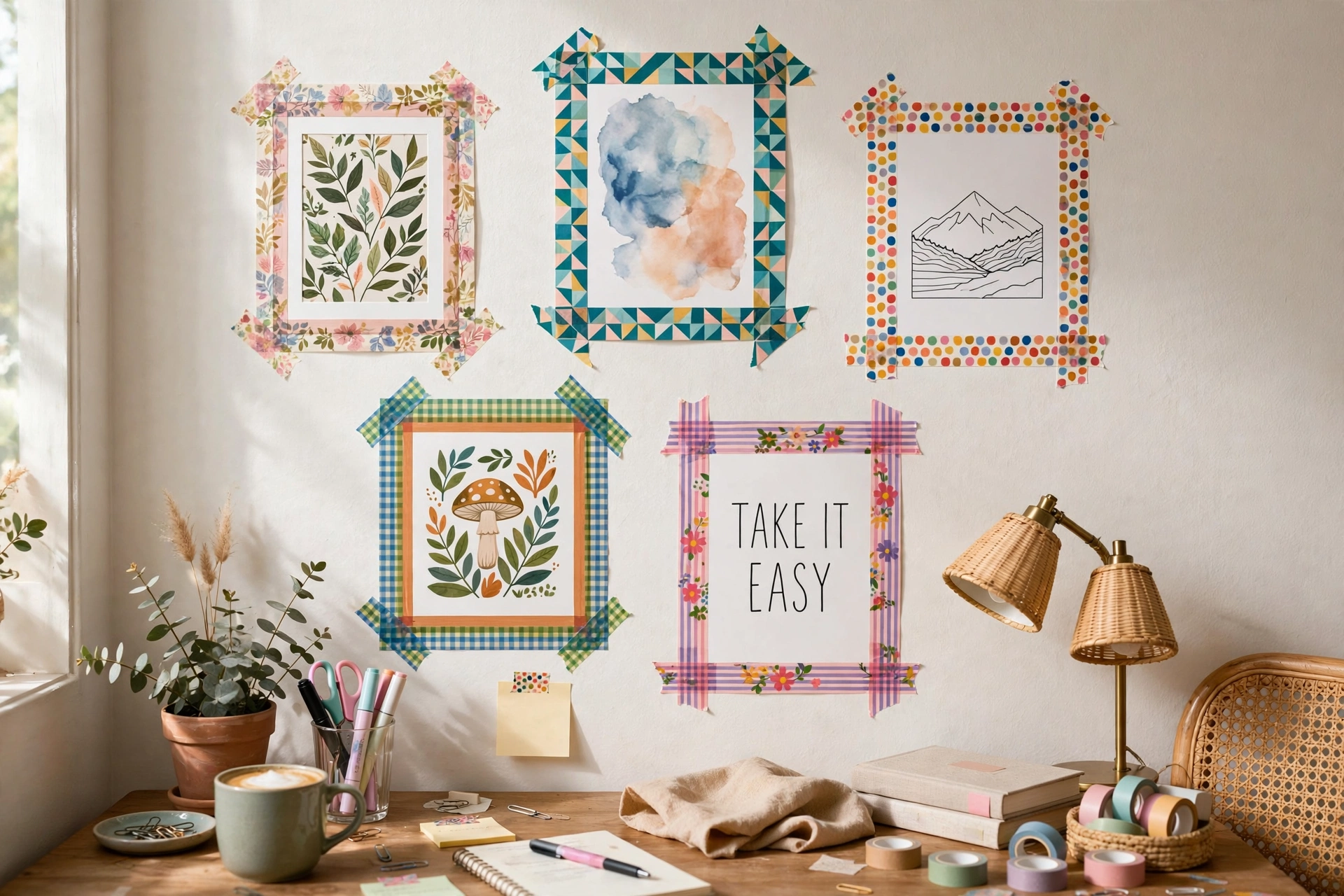 Washi tape frames around unframed prints on a bedroom wall above a desk