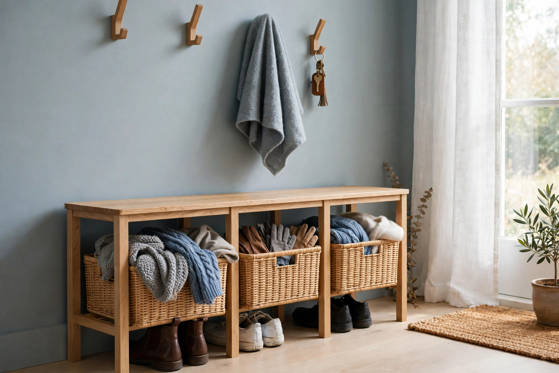 Narrow entryway bench with woven baskets underneath holding scarves and gloves