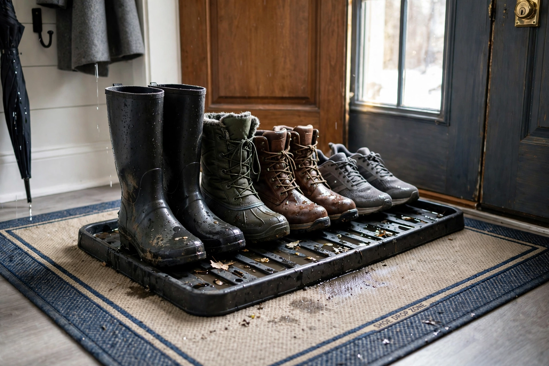 Boot tray with winter boots lined up by the entryway door, defining the shoe drop zone