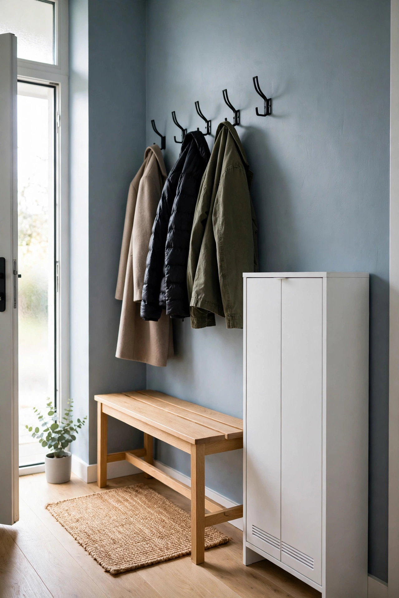 Small entryway with a slim shoe cabinet, bench and wall hooks, organized and clutter-free