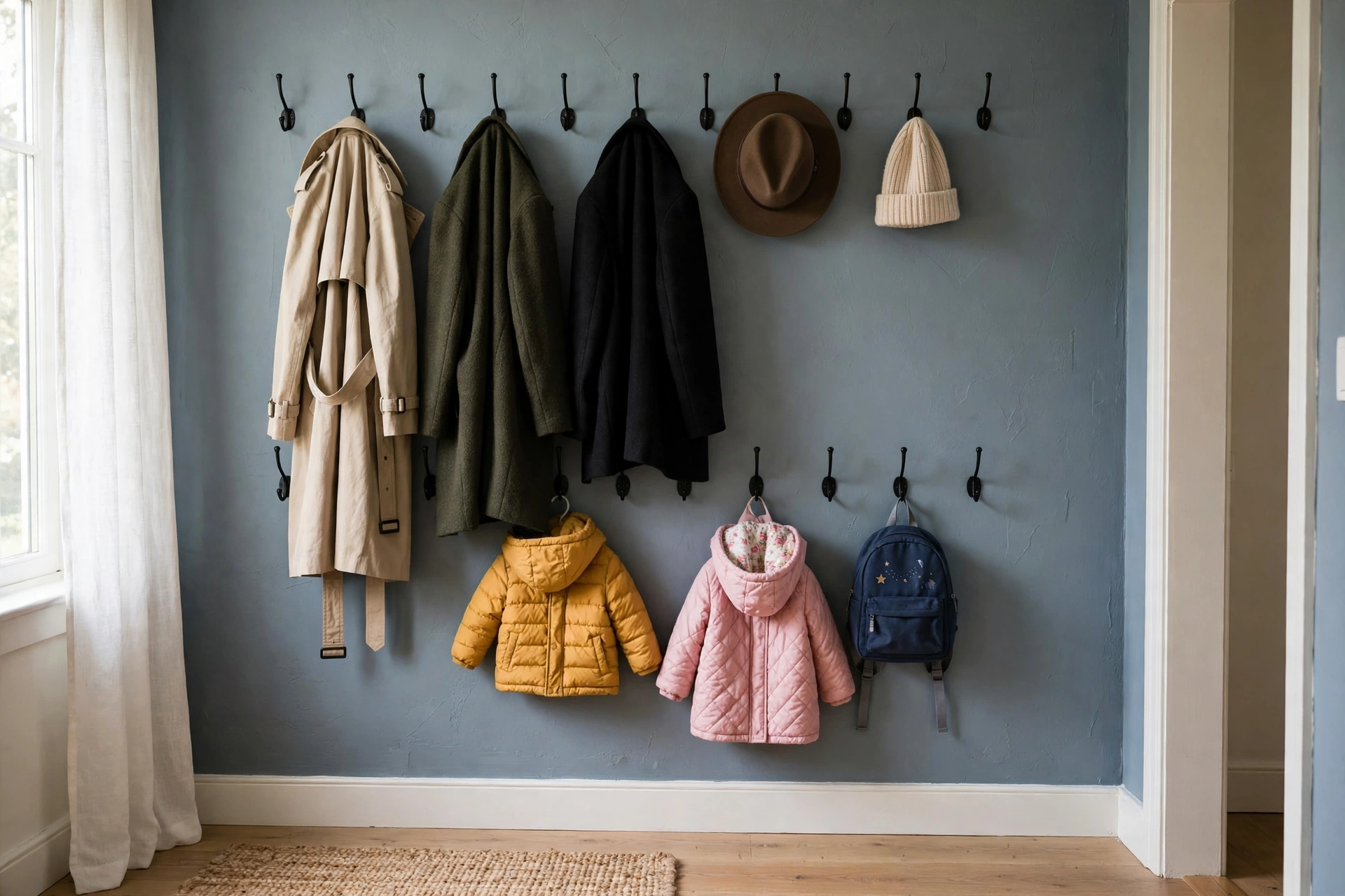 Two rows of wall hooks in an entryway, coats above and kids' coats and a backpack below
