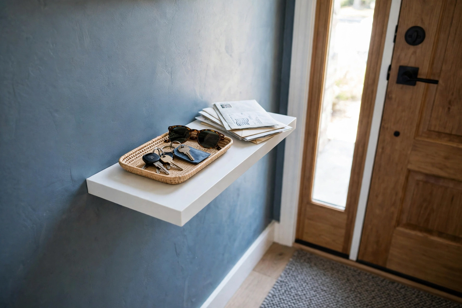 Small floating shelf by the front door with a tray of keys, sunglasses and mail