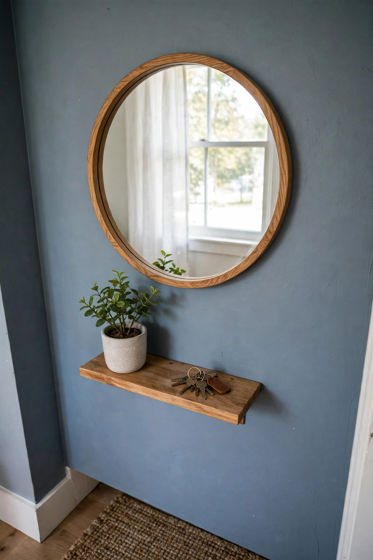Round mirror with a small shelf beneath it in a small entryway, reflecting window light