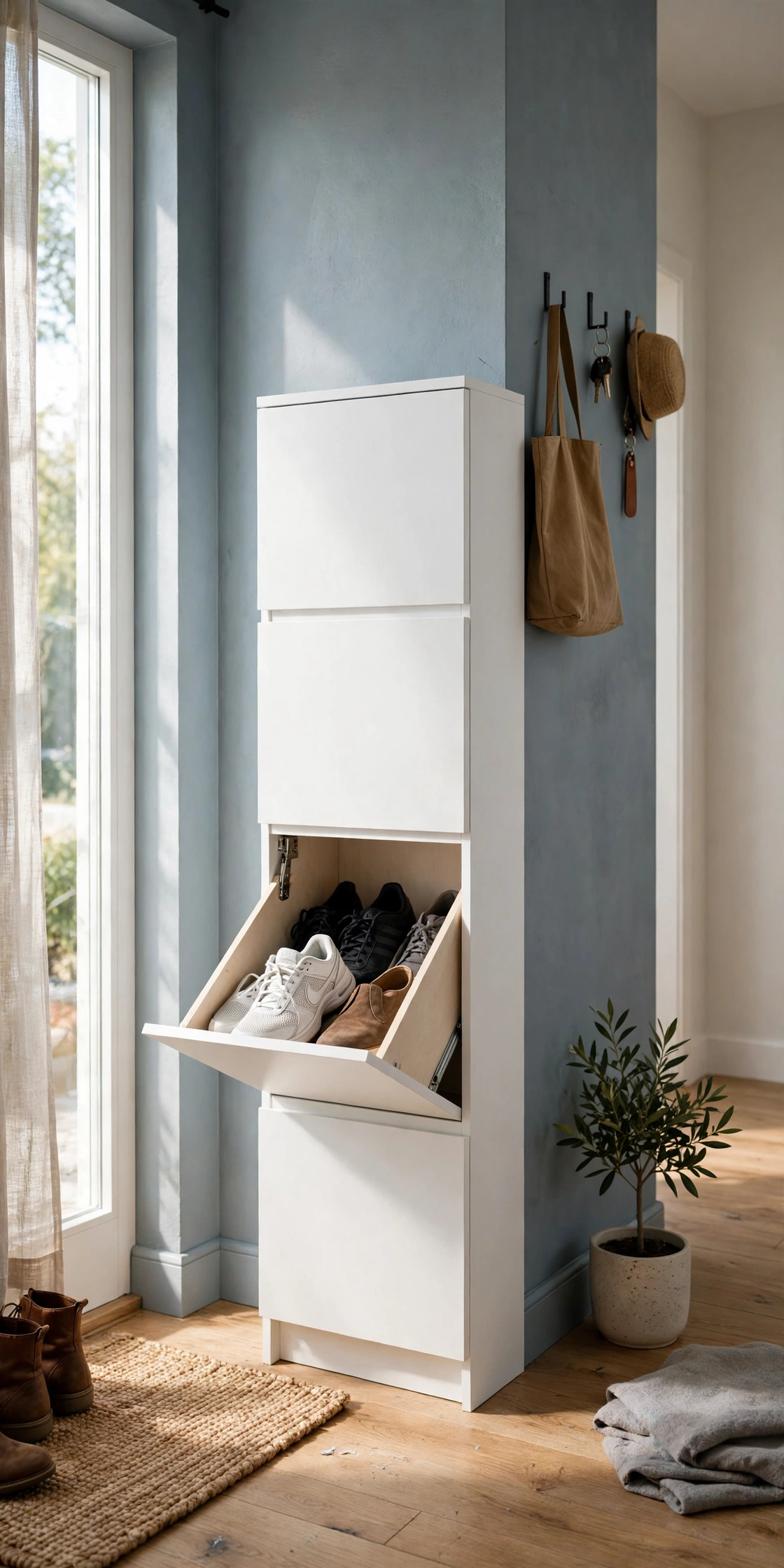 Ultra-slim tilt-out shoe cabinet against an entryway wall, one compartment open