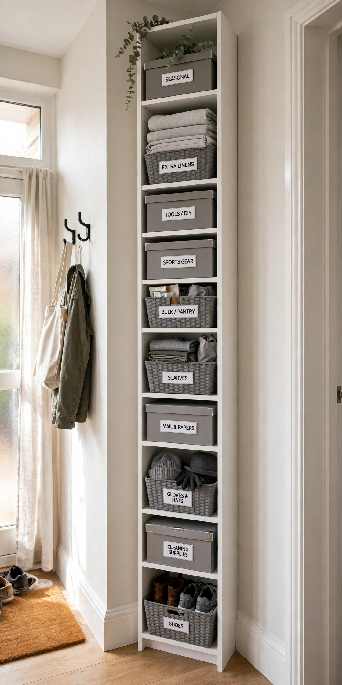 Tall narrow shelving tower in an entryway corner with labeled baskets
