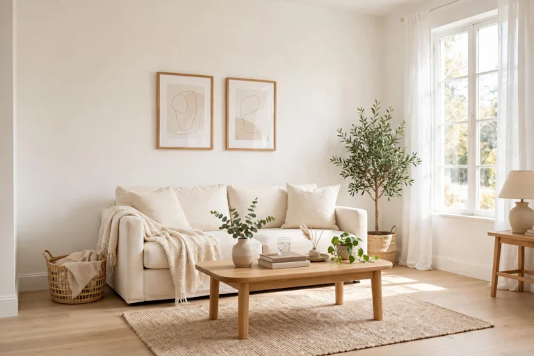 Small bright living room with warm white walls, cream sofa and light wood floor looking spacious