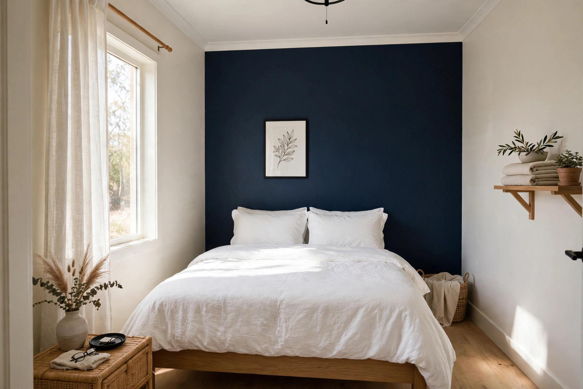 Small bedroom with one deep navy accent wall behind the bed and warm white walls elsewhere