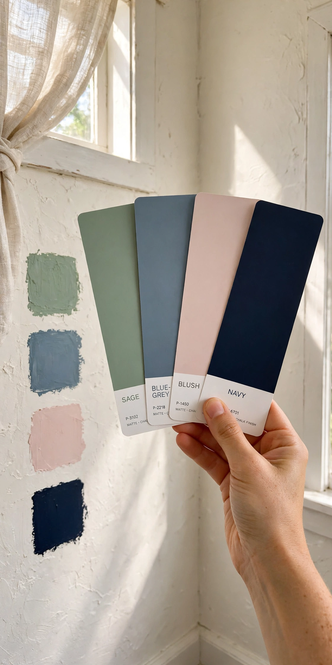 Hand holding large paint swatch cards in sage, blue-grey, blush and navy against a room wall