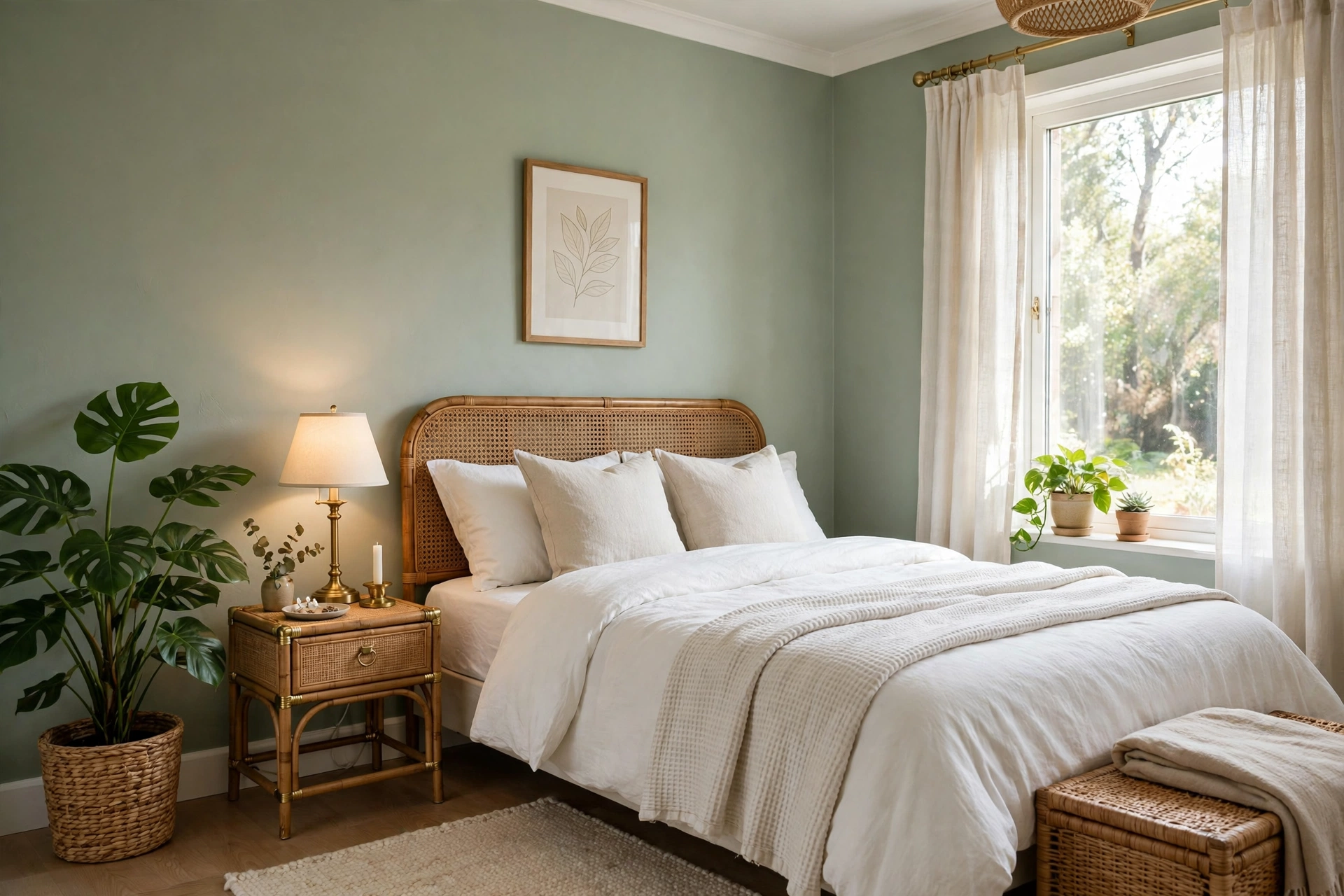 Small cozy bedroom with soft sage green walls, white bedding, rattan and brass accents