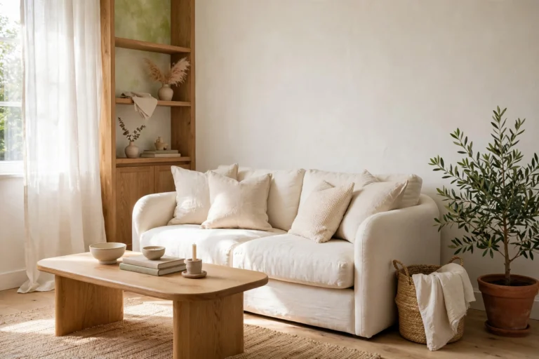 Small serene living room painted in a soft billowy warm white with oak and linen textures