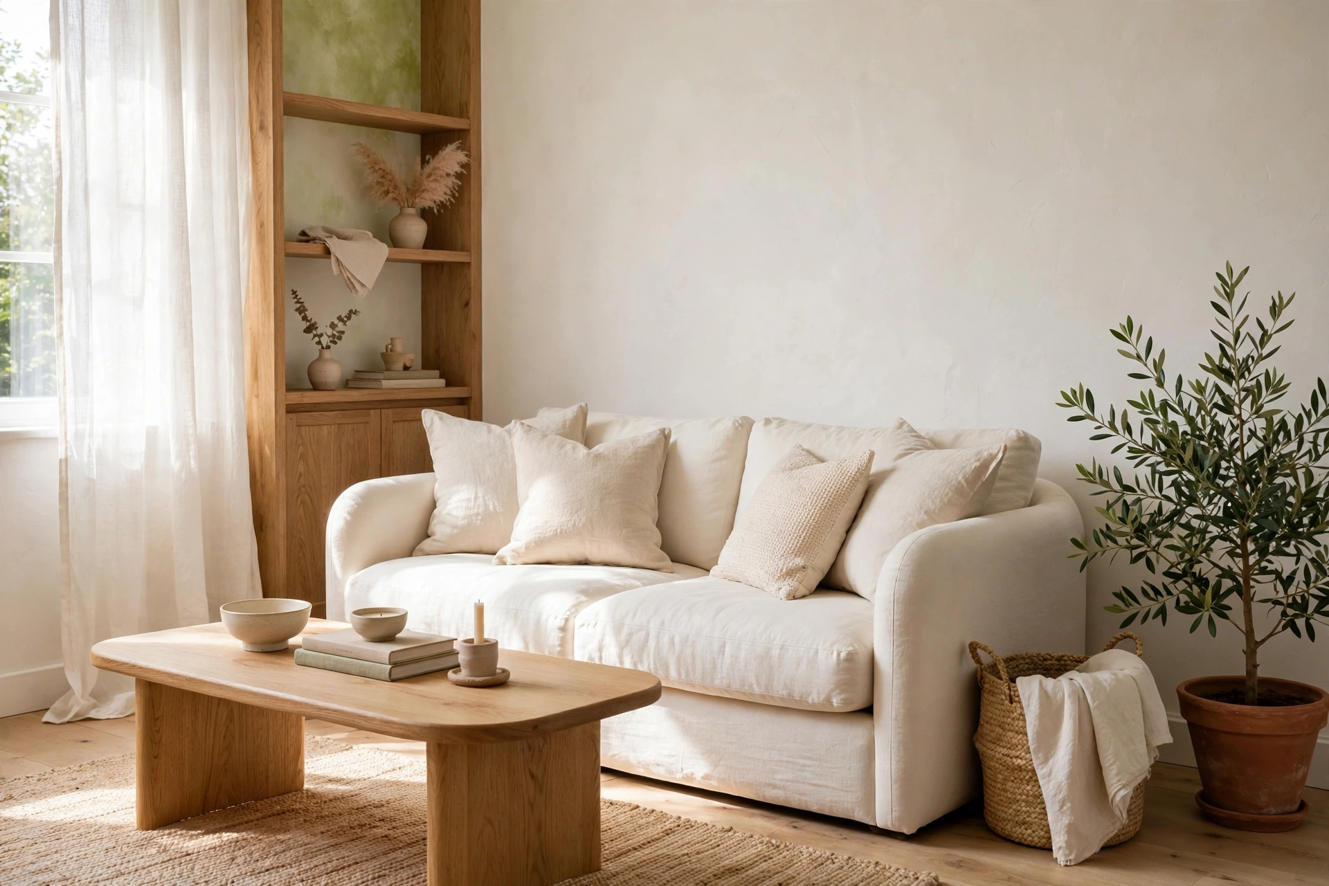 Small serene living room painted in a soft billowy warm white with oak and linen textures