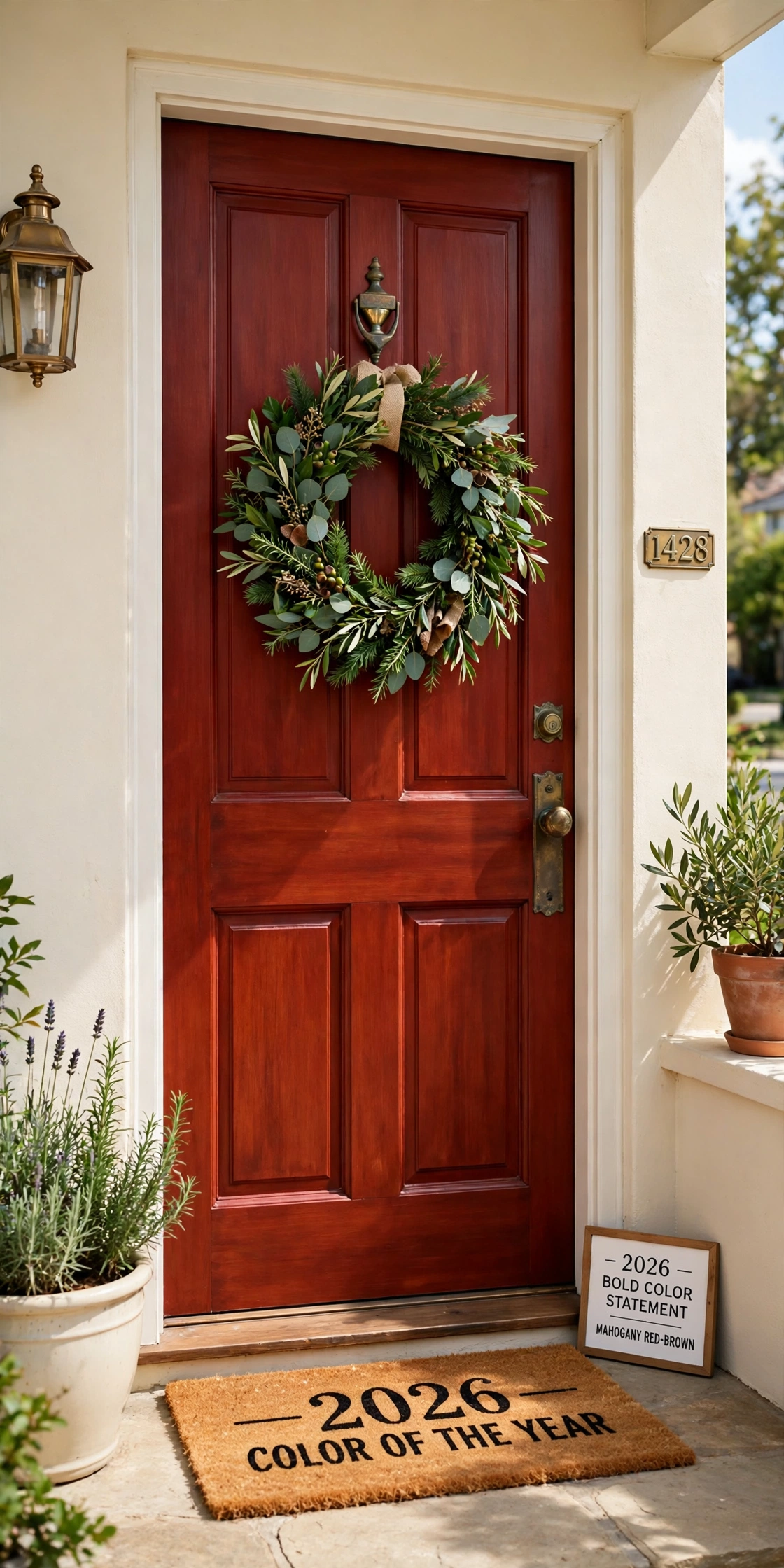 Front door painted in rich warm mahogany red-brown with antique brass hardware and a green wreath