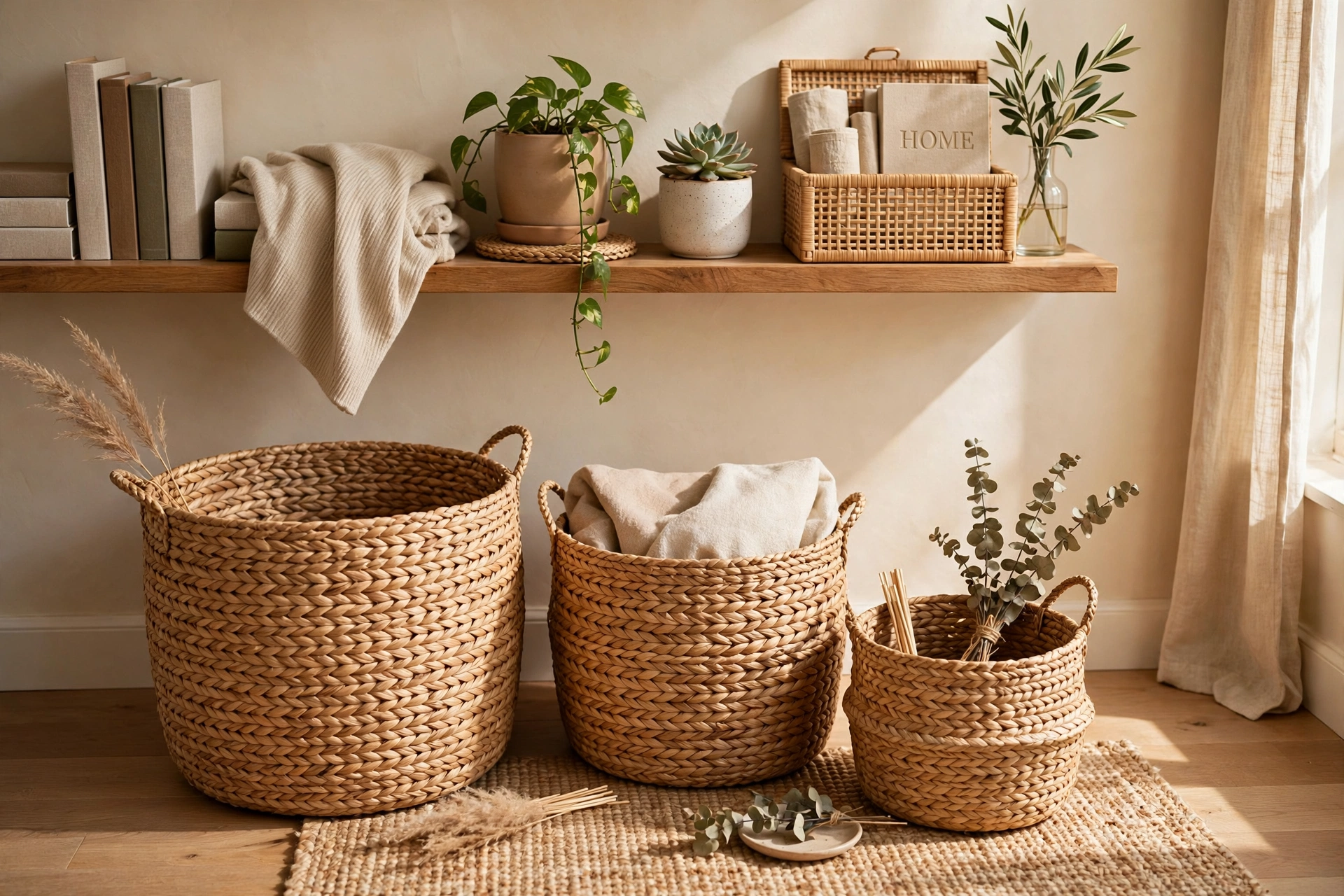 Woven seagrass storage baskets in different sizes holding throws, books and plants in a living room