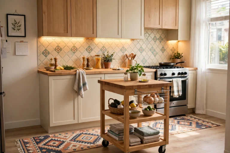 Rental kitchen upgraded damage-free with peel-and-stick backsplash, rolling cart, under-cabinet lights and a runner rug