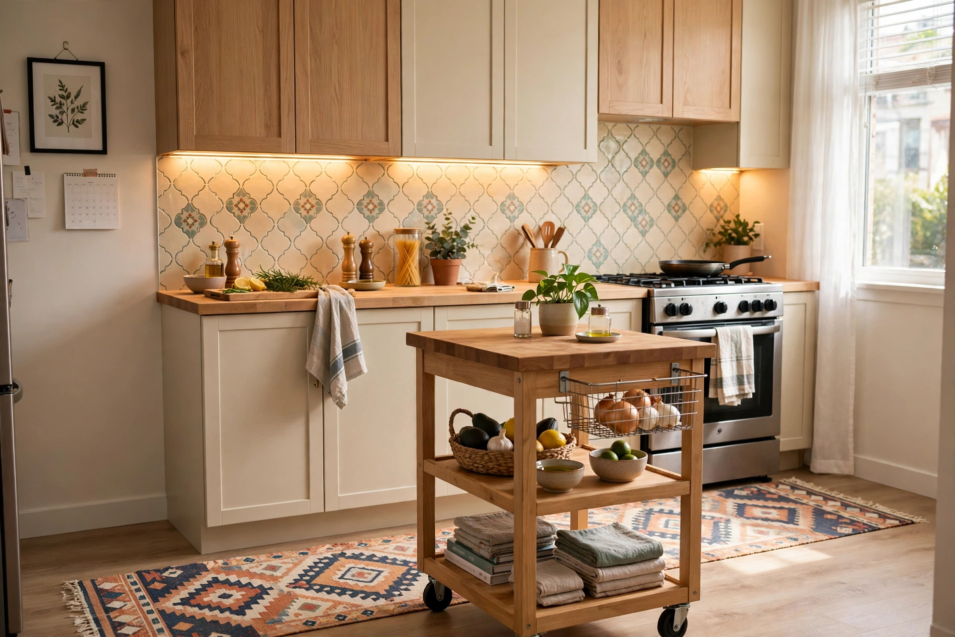 Rental kitchen upgraded damage-free with peel-and-stick backsplash, rolling cart, under-cabinet lights and a runner rug