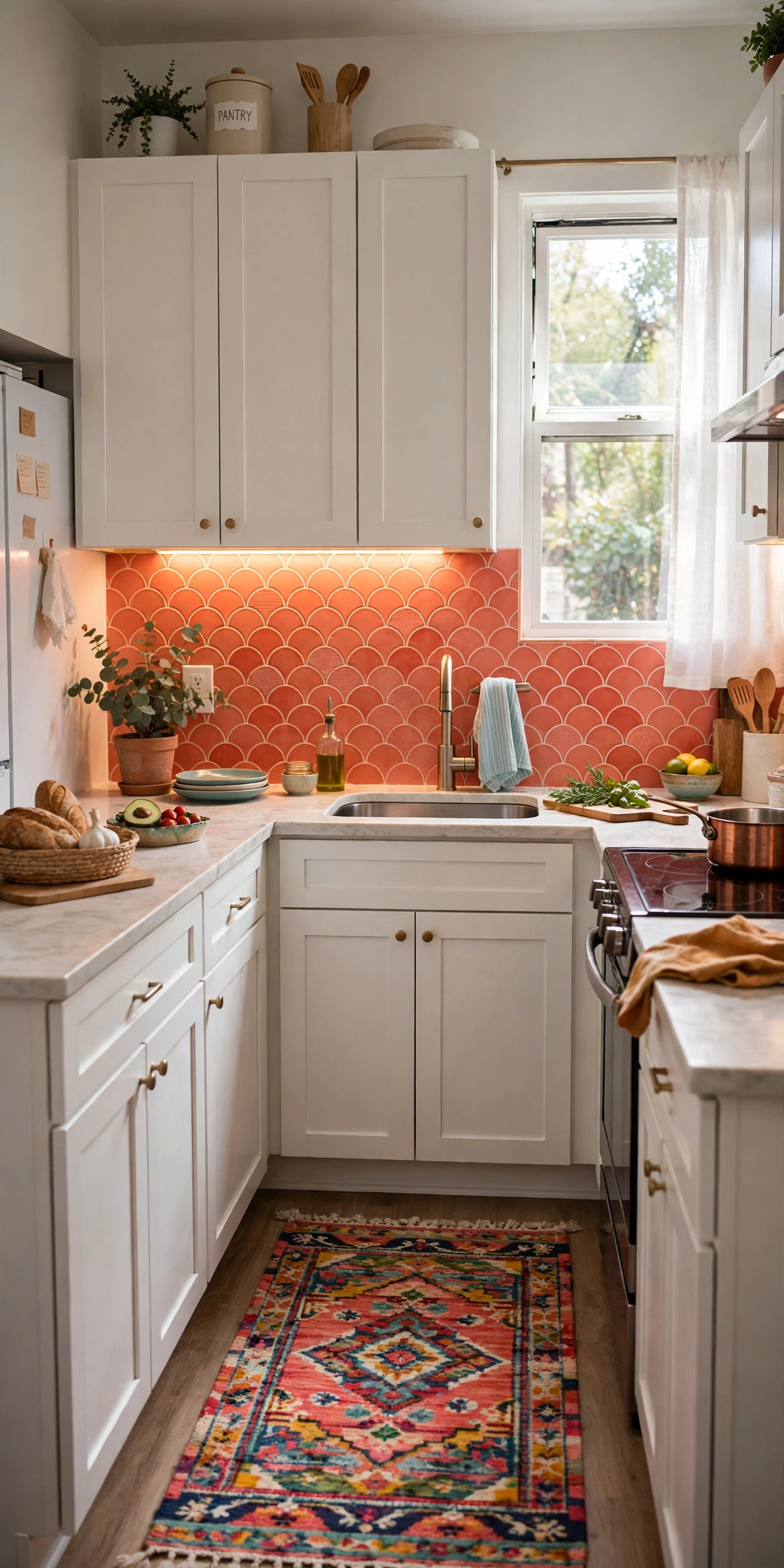 Rental kitchen transformed with a coral peel-and-stick backsplash, colorful runner and warm cabinet lights