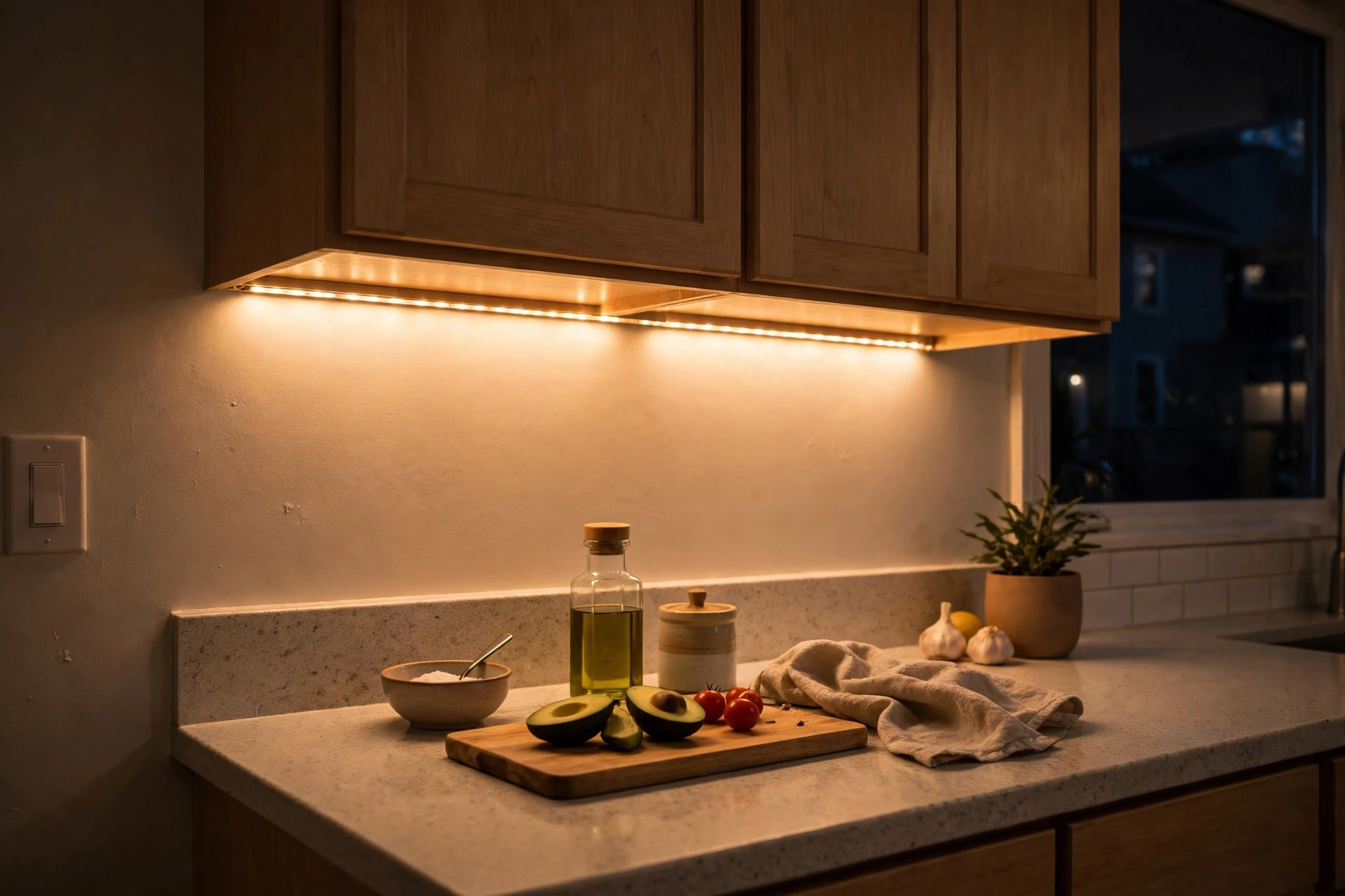 Warm LED strip lights glowing under kitchen cabinets onto the countertop, no wiring