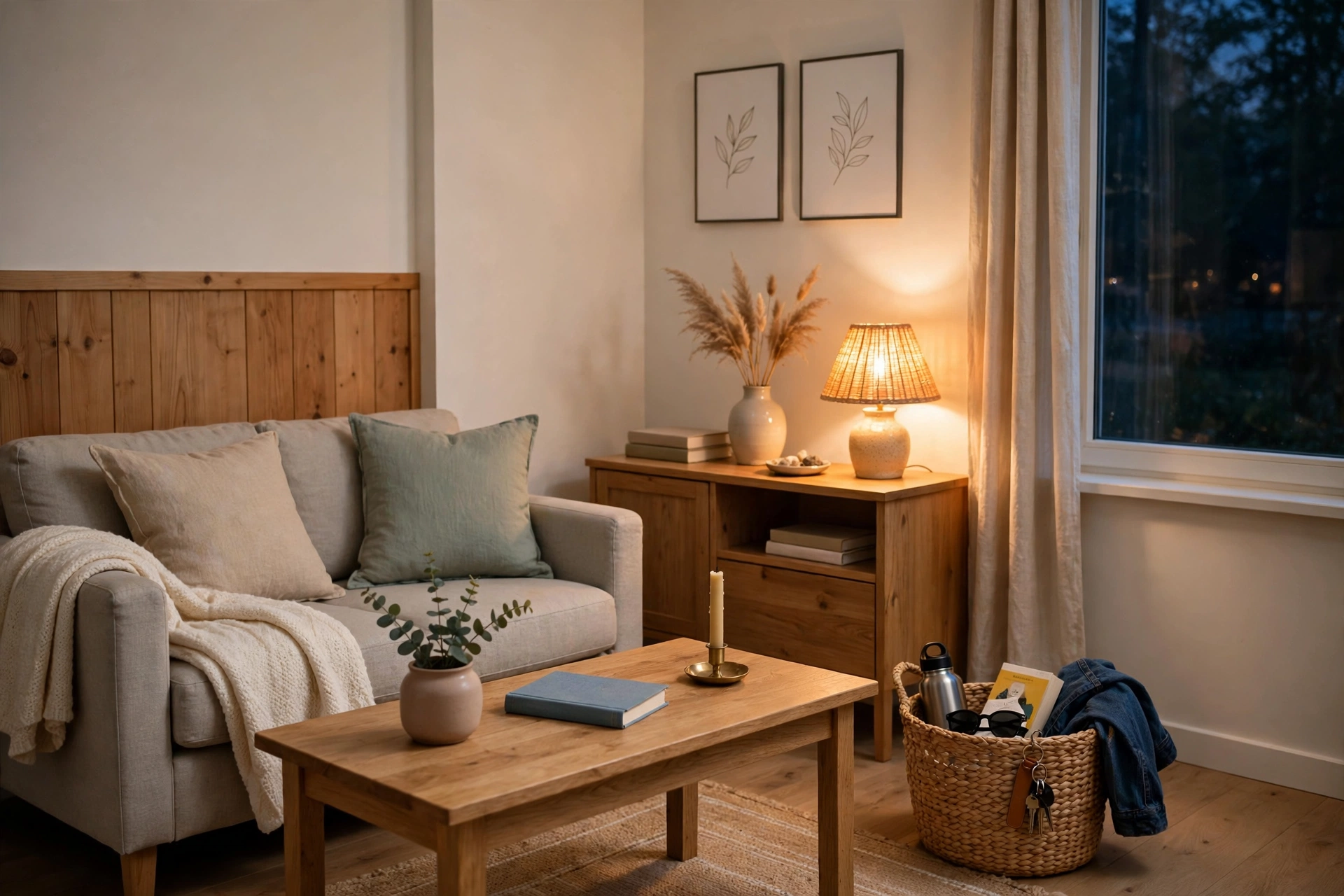 Calm tidy small living room in the evening with a woven basket of out-of-place items and warm lamp light
