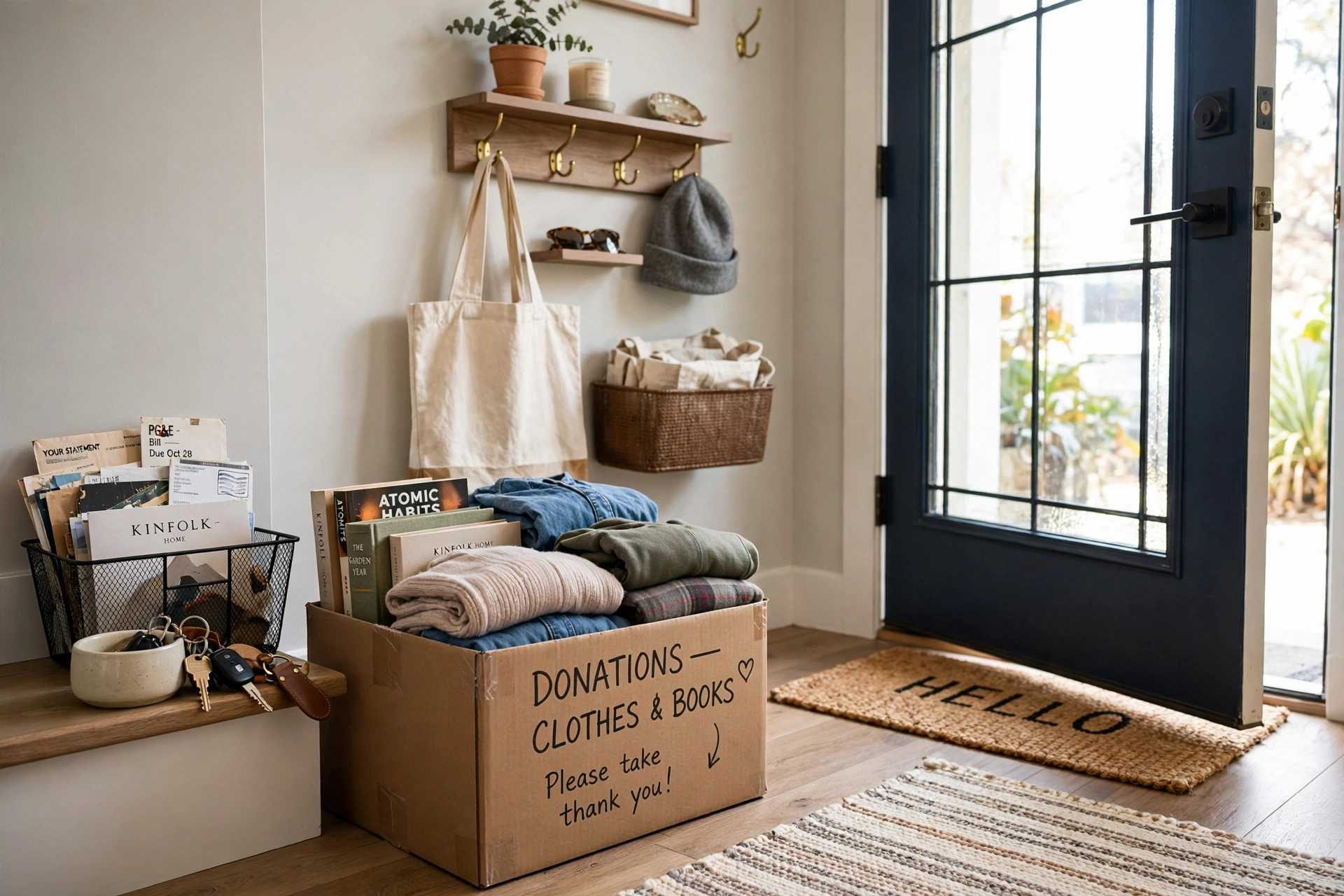Donation outbox box by a front door filled with folded clothes and books, with a key bowl and mail tray