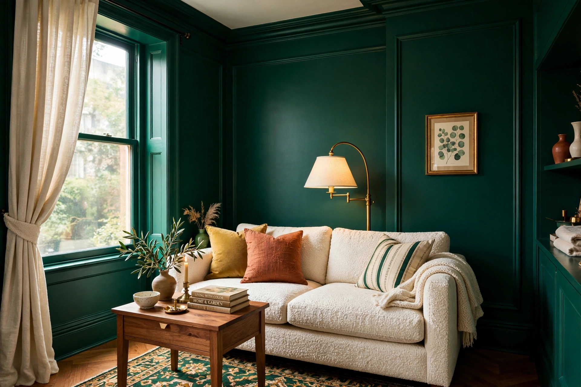 Small living room color-drenched in deep emerald green with a cream sofa and brass floor lamp