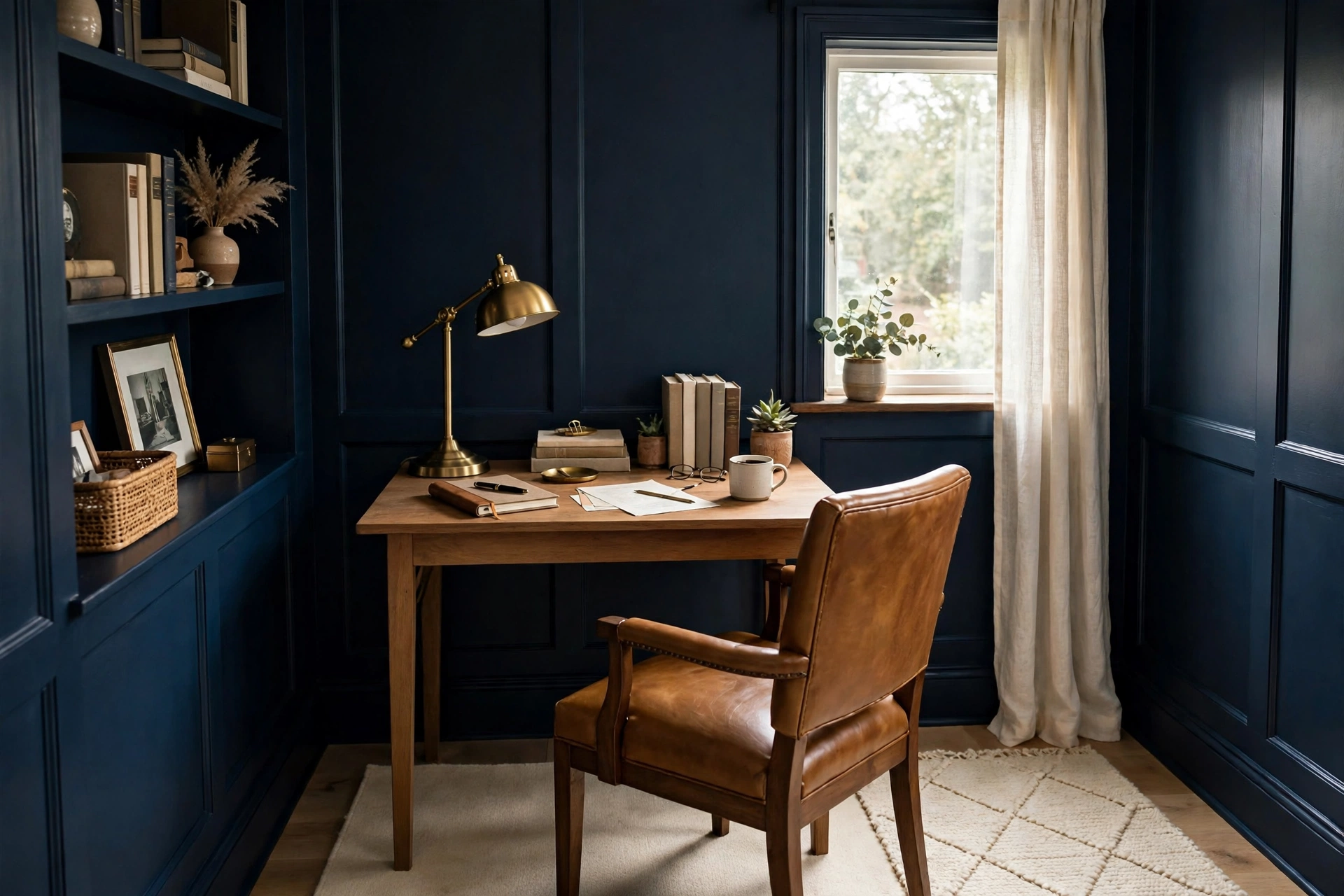 Small home office painted inky navy blue with a tan leather chair and brass desk lamp