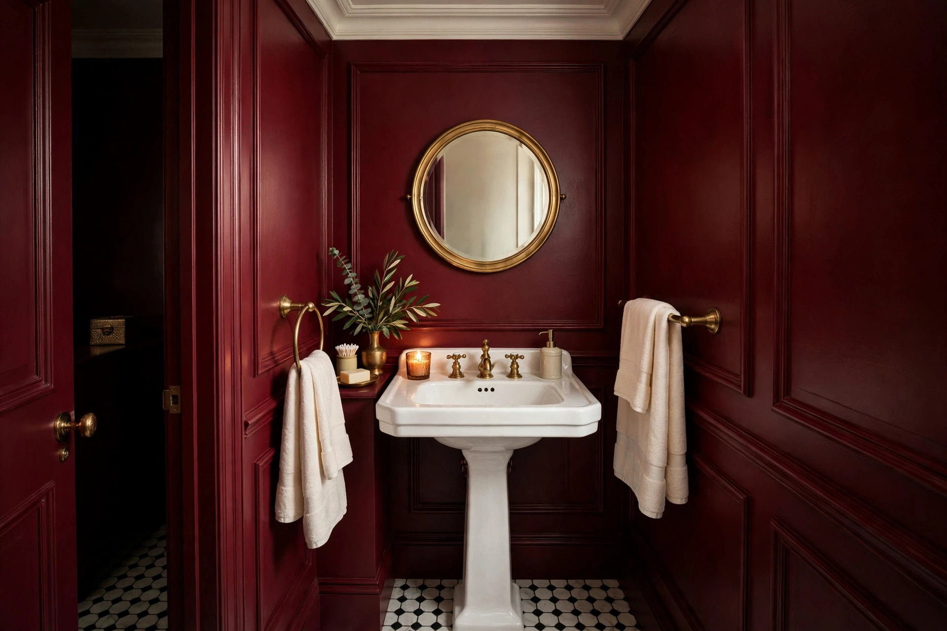 Tiny powder room painted deep wine red with a white sink and round brass mirror