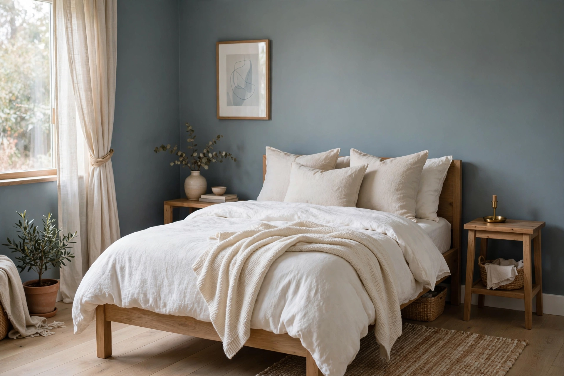 Small bedroom painted muted blue-grey with warm white bedding and natural wood