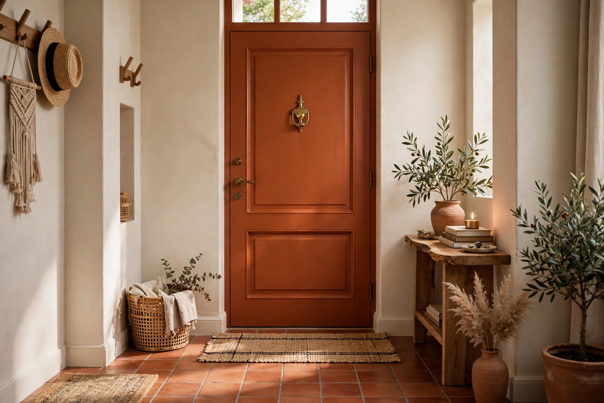 Front door painted deep orange terracotta with cream walls and a brass knocker