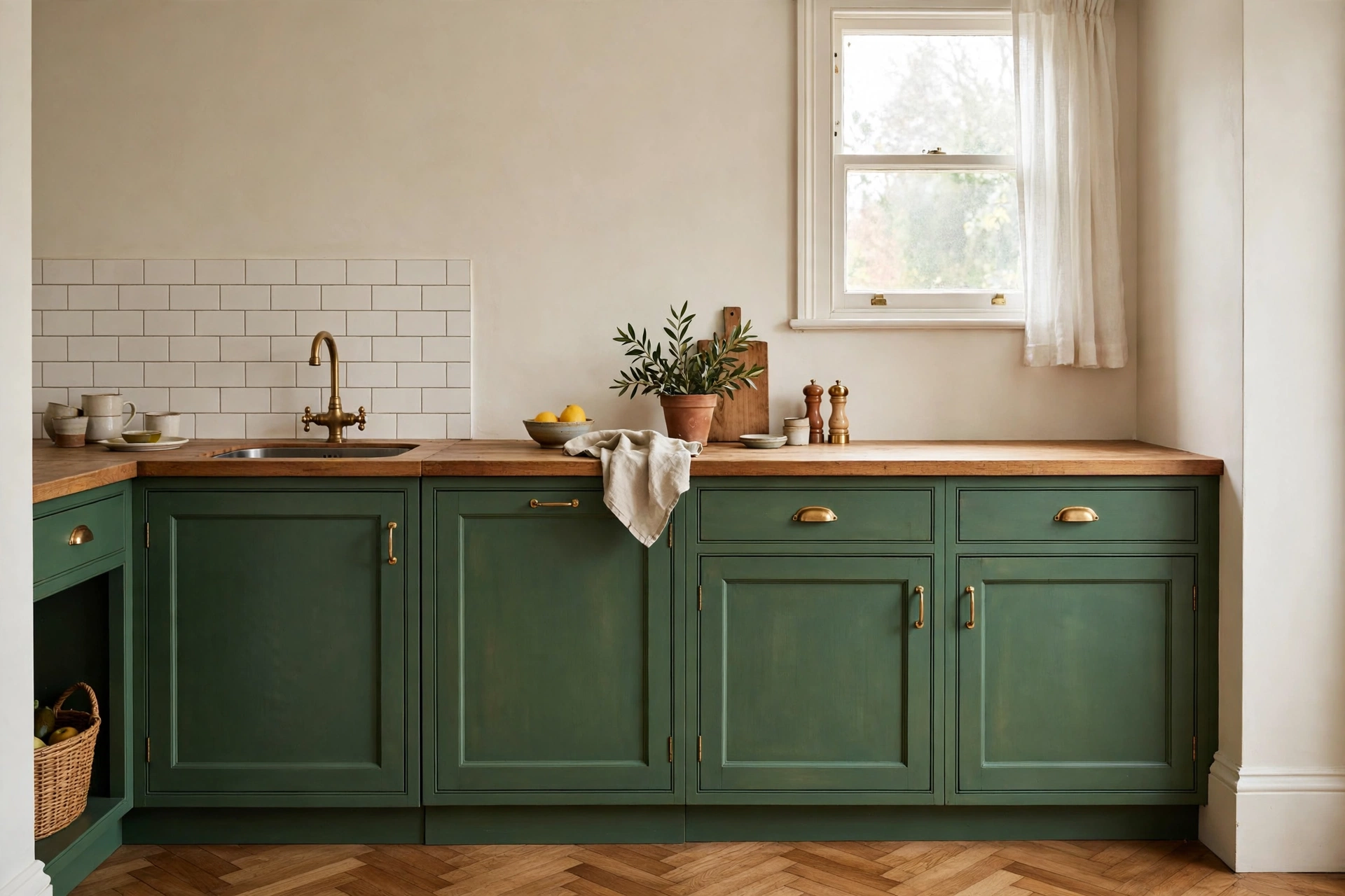 Small kitchen lower cabinets painted rich historic green with warm white walls and brass handles