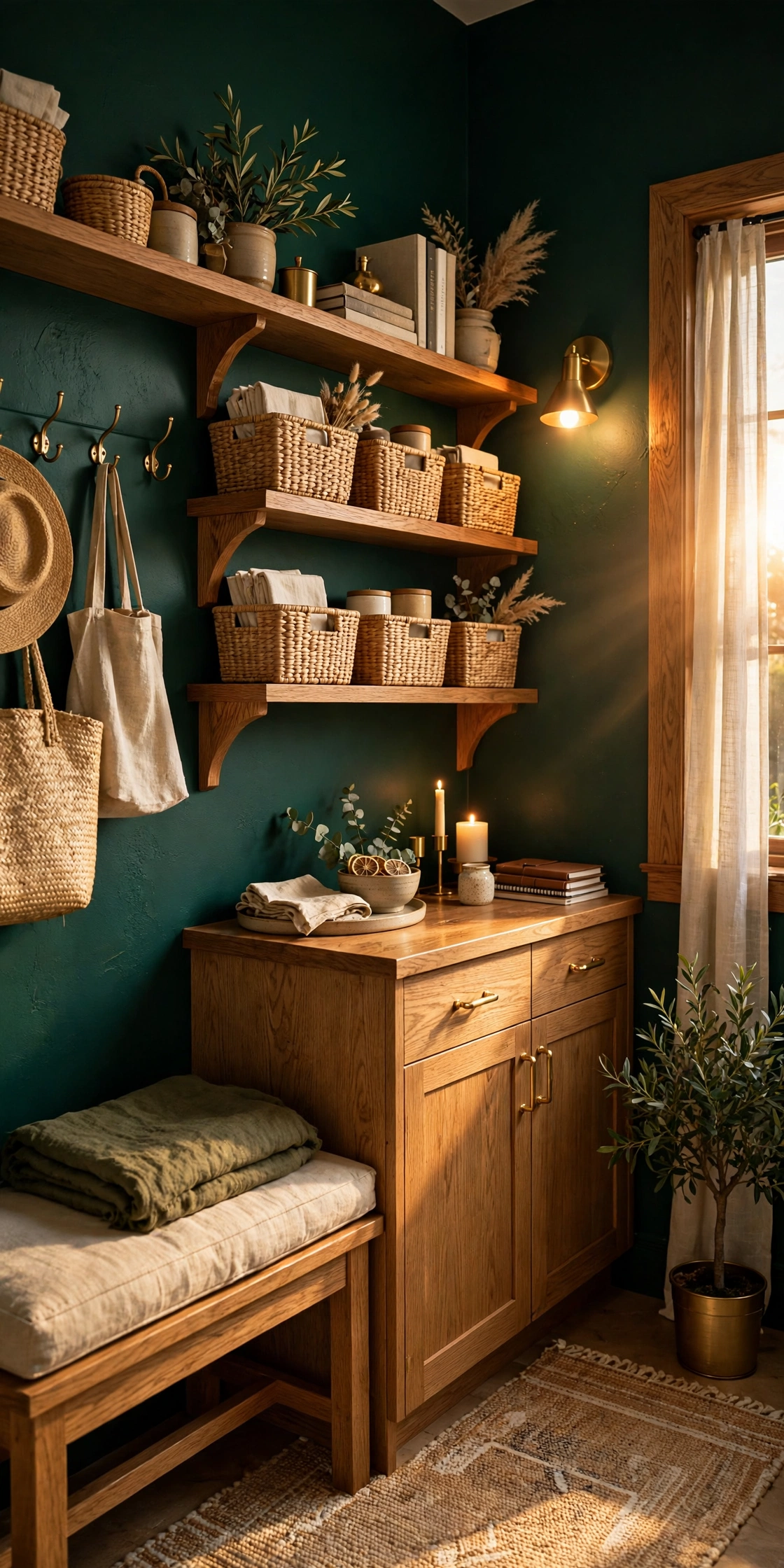 Bold emerald and brass organized small home interior, vertical pin