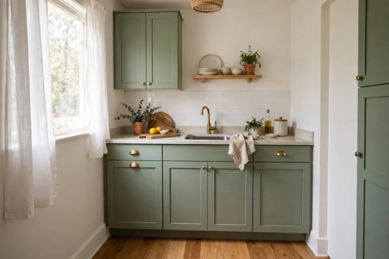 Small kitchen with sage green cabinets, warm white walls and brass handles