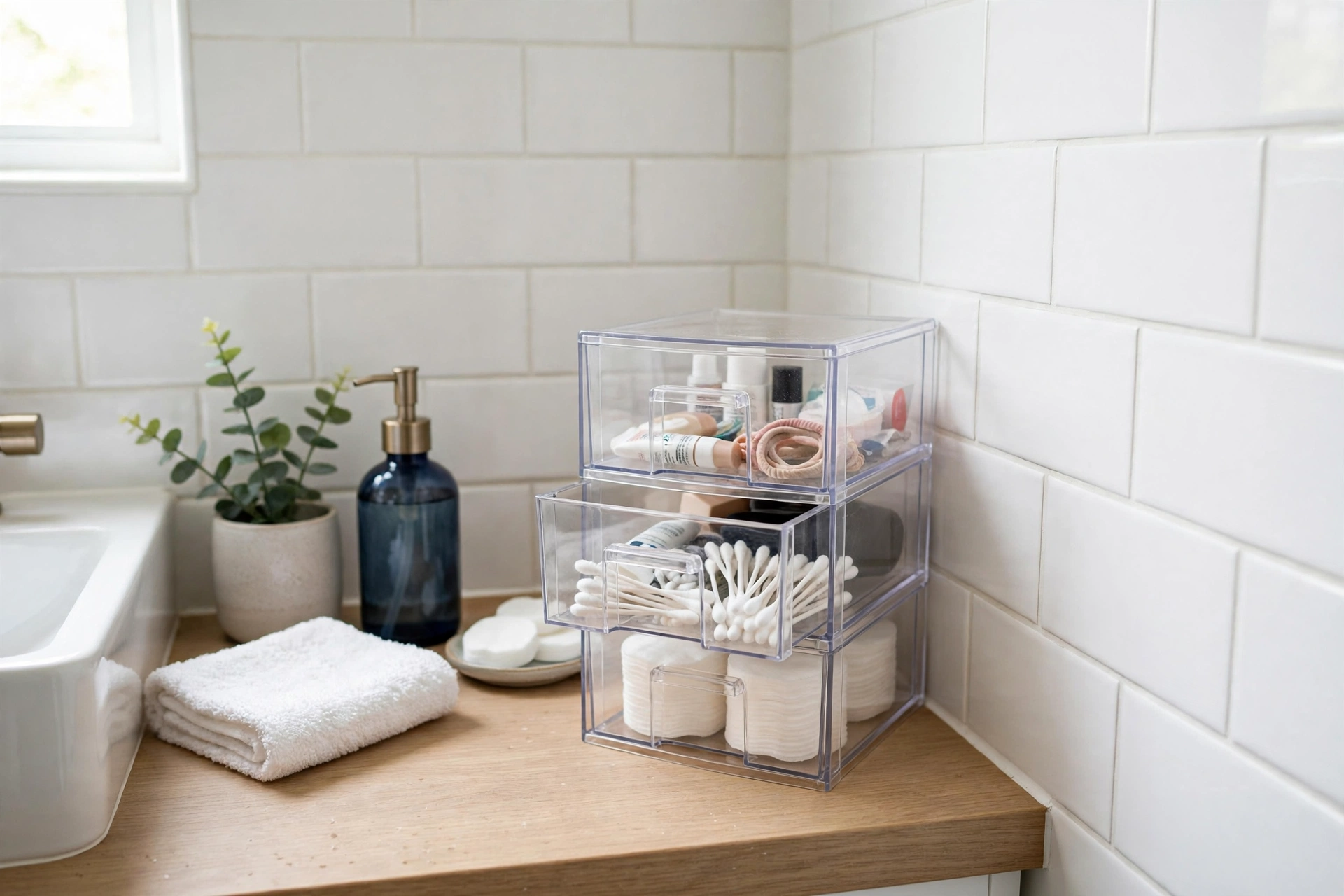 Stack of three clear drawers with toiletries on a small bathroom counter